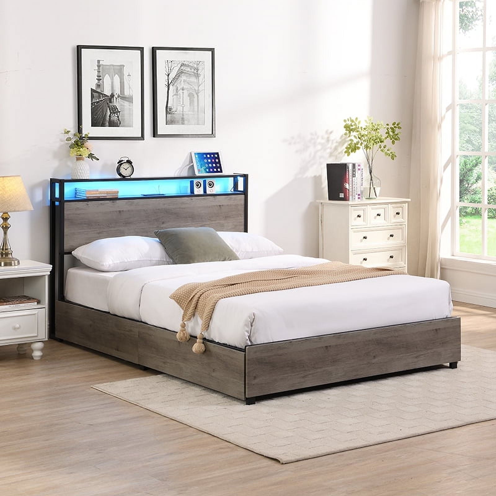 Furnibear Full Bed Frame with USB Charging Station and Storage Headboard, Heavy-Duty Shake-Free Platform, No Box Spring Needed, Easy Tool-Free Assembly, Gray