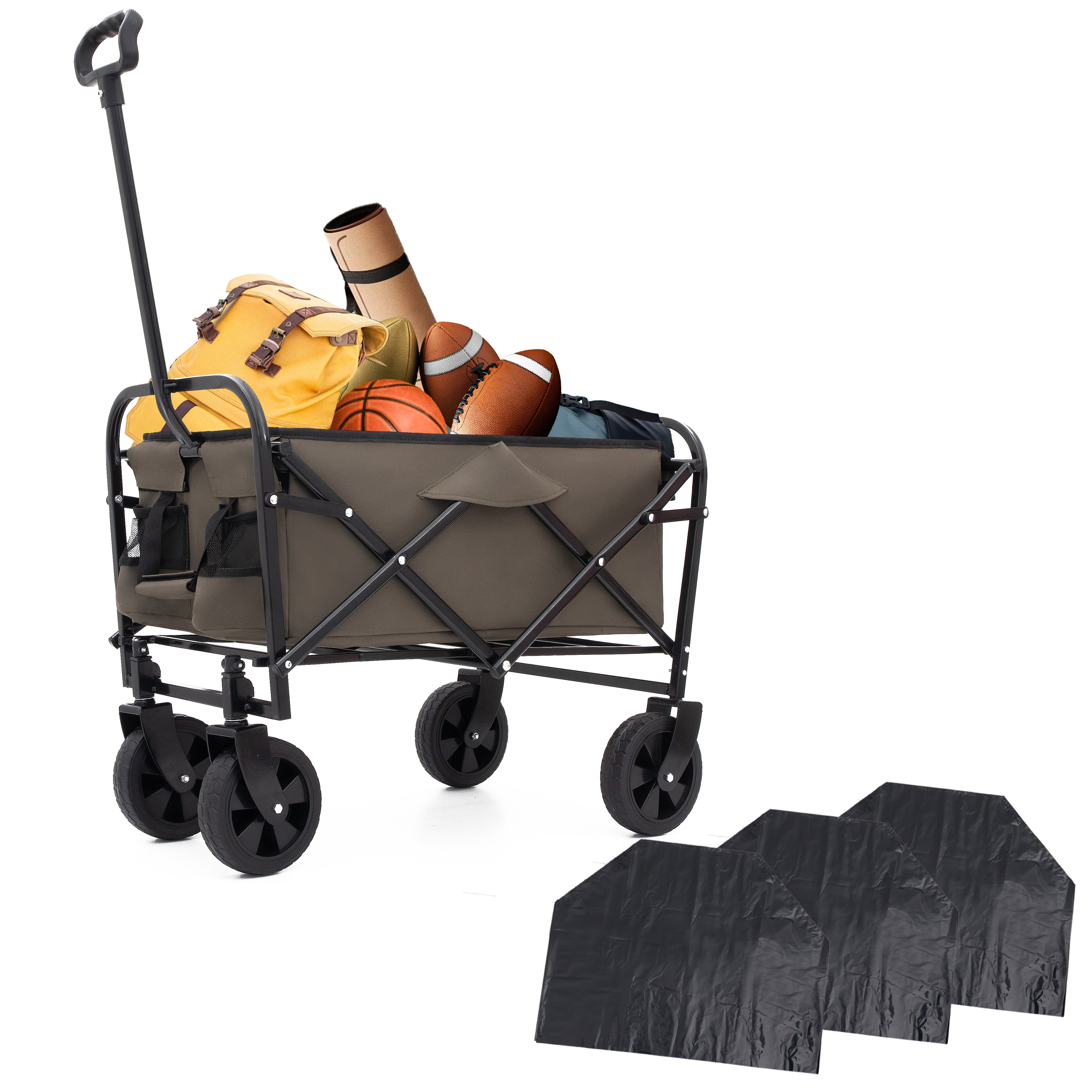 Furnibear Heavy-Duty Folding Wagon Cart with All-Terrain Wheels Includes 3 Liner Bags for Camping, Beach, Grocery,Olive Green