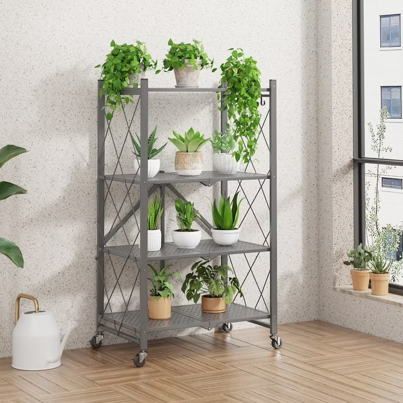 Furnibear Storage Shelves, 4-Shelf Foldable Metal Shelving Units with Wheels for Garage Kitchen Bakers,Collapsible Organizer Rack,Gray