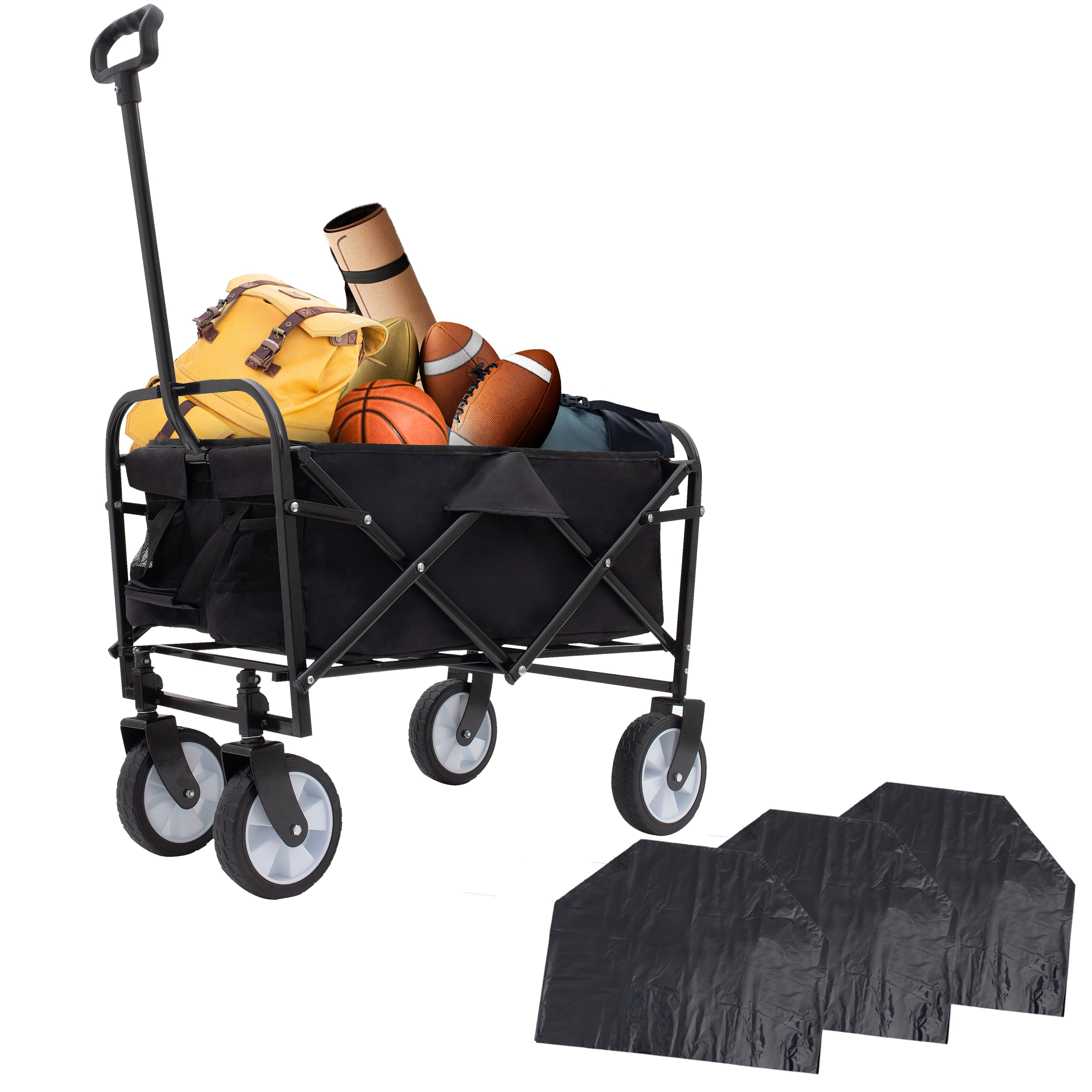 Furnibear Heavy-Duty Folding Wagon Cart with All-Terrain Wheels Includes 3 Liner Bags for Camping, Beach, Grocery, Black
