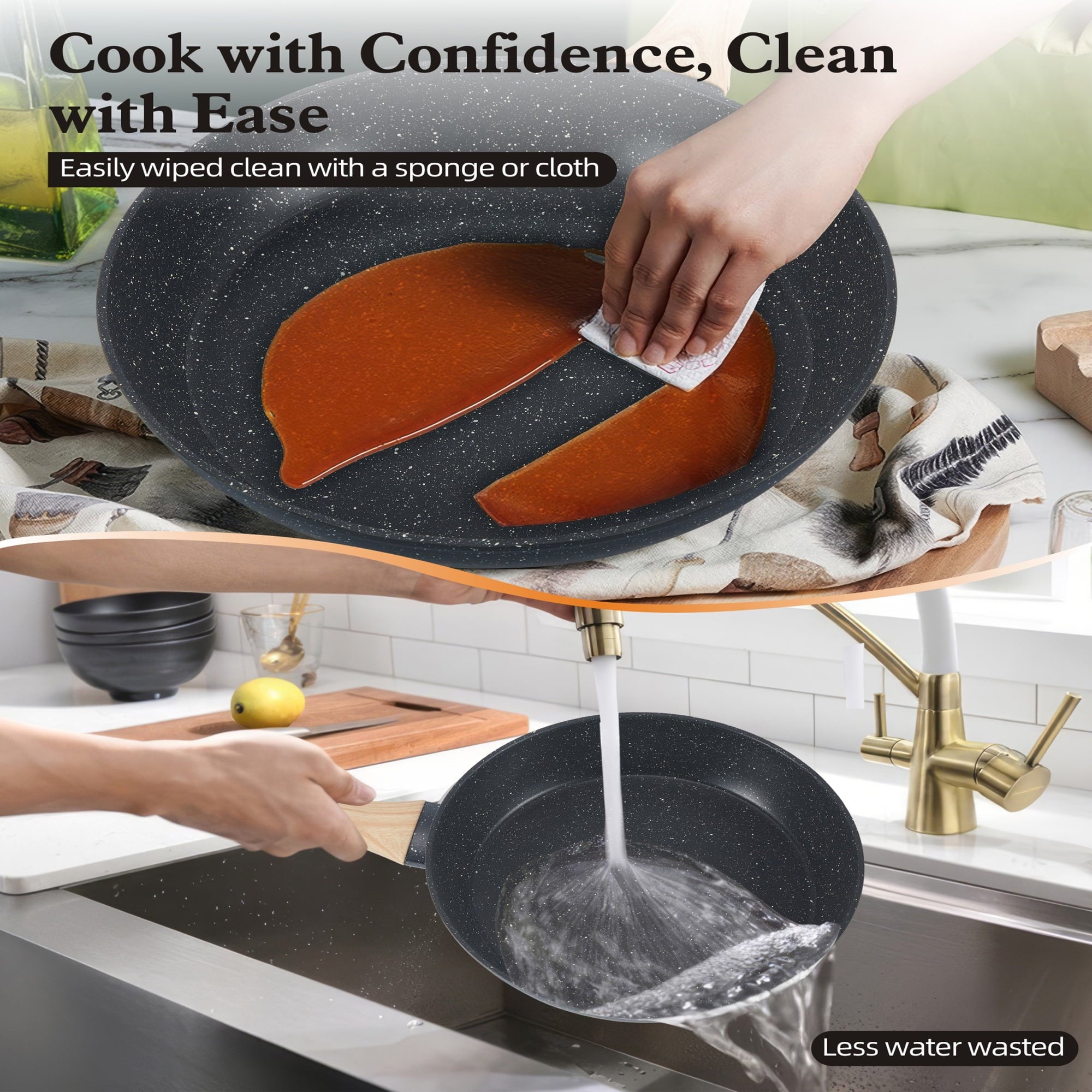 Furnibear?12-Piece Ceramic Nonstick Cookware Set - Granite Coated Frying Pans / Stock Pots, with Silicone Shovel/Spoon/Tongs, Compatible with All Stoves, Easy to Clean