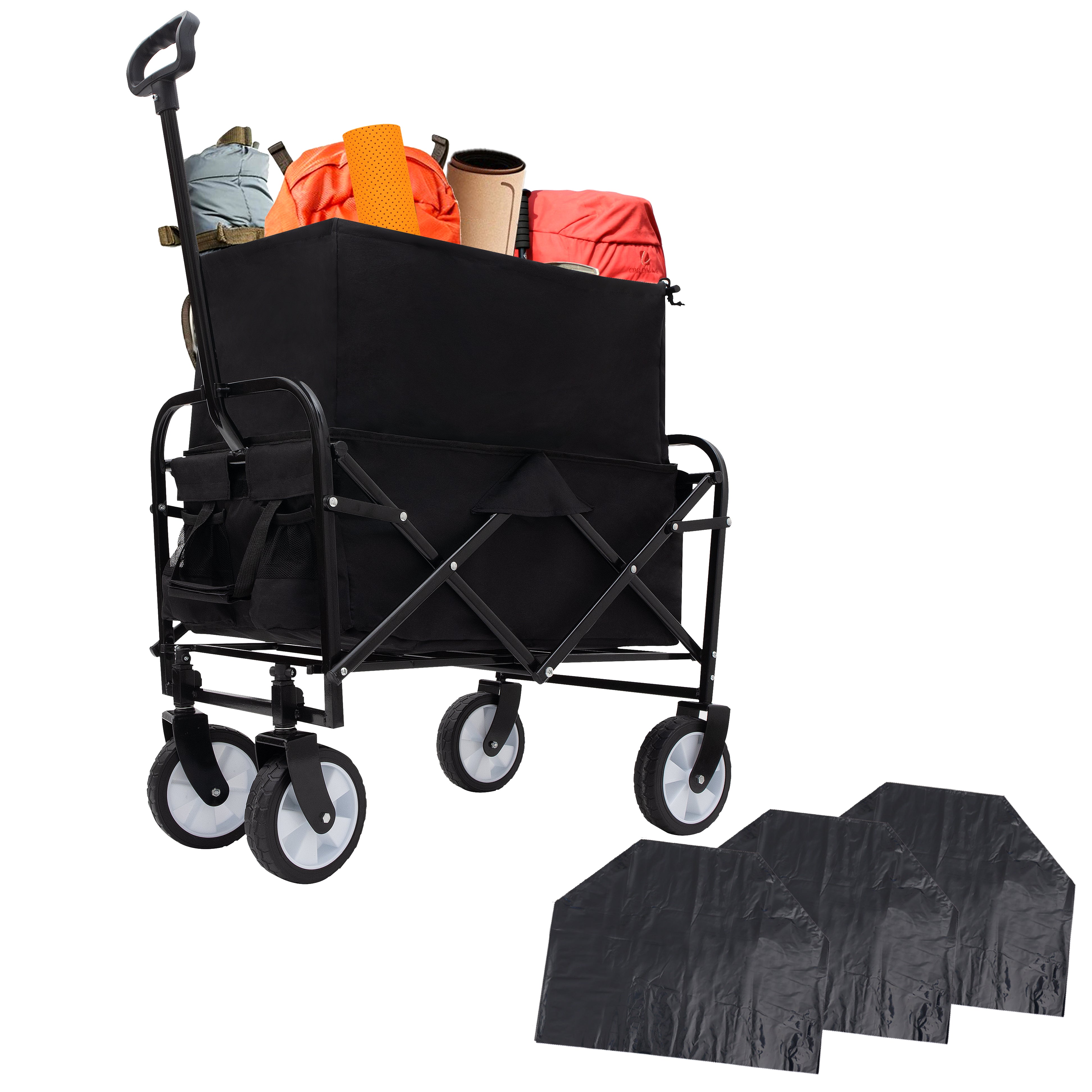 Furnibear Heavy-Duty Folding Wagon Cart with All-Terrain Wheels Includes 3 Liner Bags for Camping, Beach, Grocery, Black