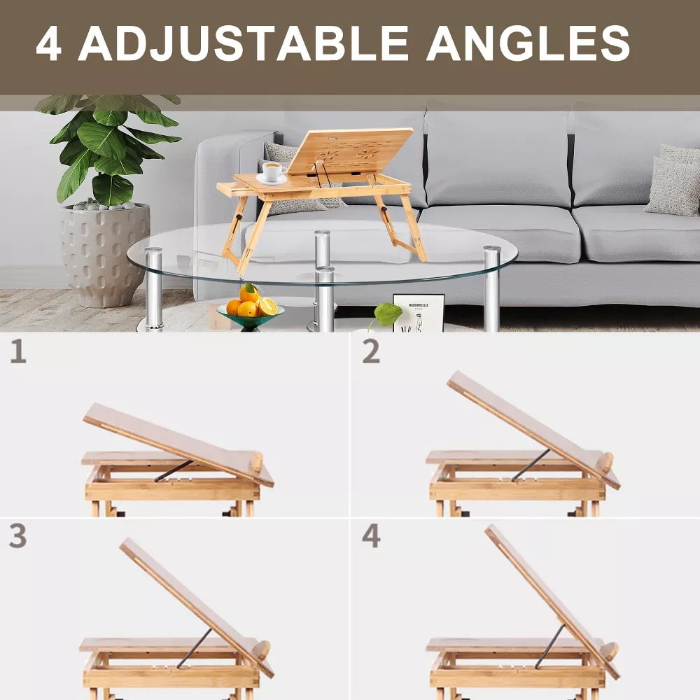 Furnibear Adjustable Height/Angle Bamboo Bed Tray Laptop Desk - Folding for Space-Saving, Built-in Drawer for Small Items Storage