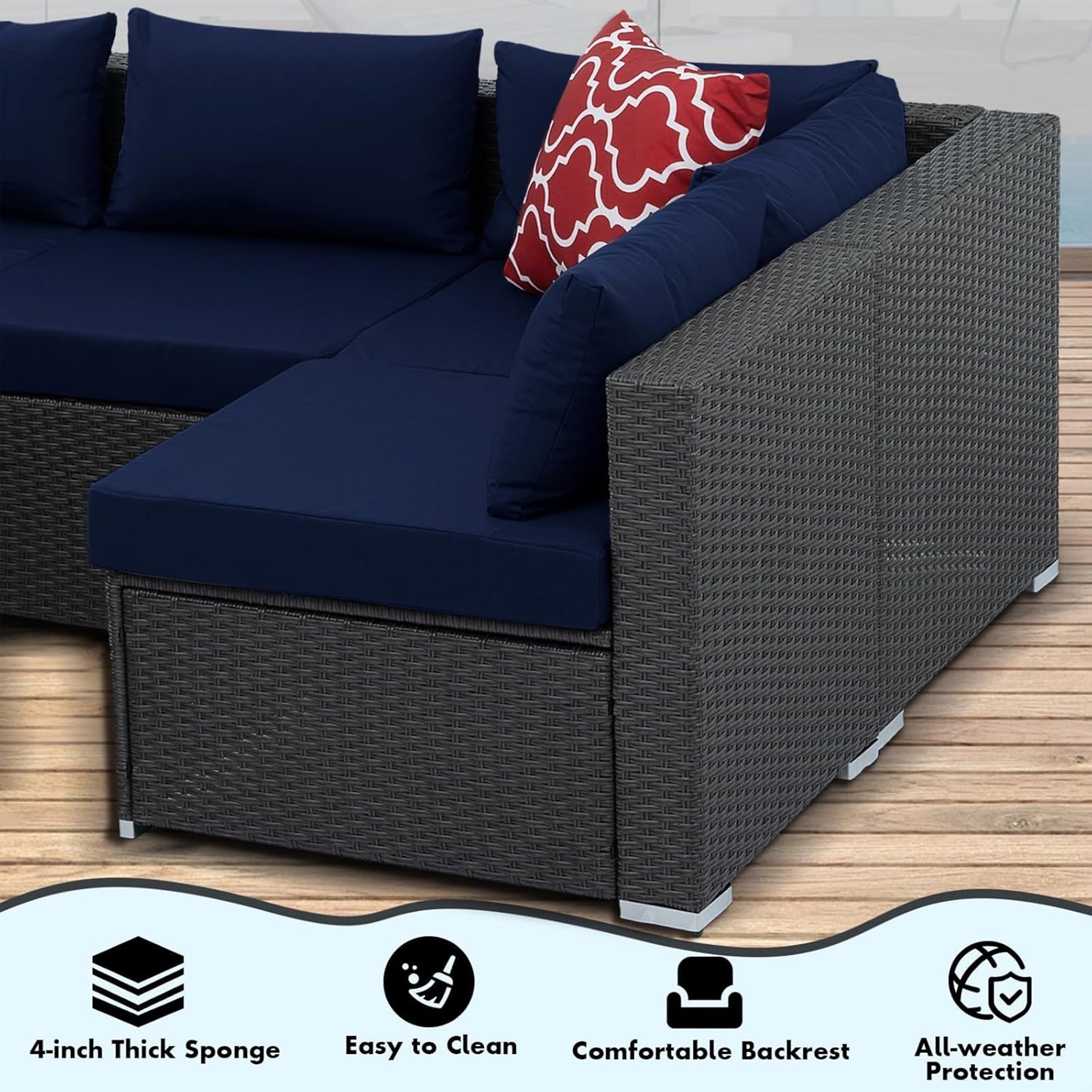 Furnibear 7 Pieces Outdoor Patio Sectional Sofa Couch, Black Wicker Patio Furniture Conversation Sets with Washable Cushions and Glass Coffee Table for Garden, Poolside, Backyard
