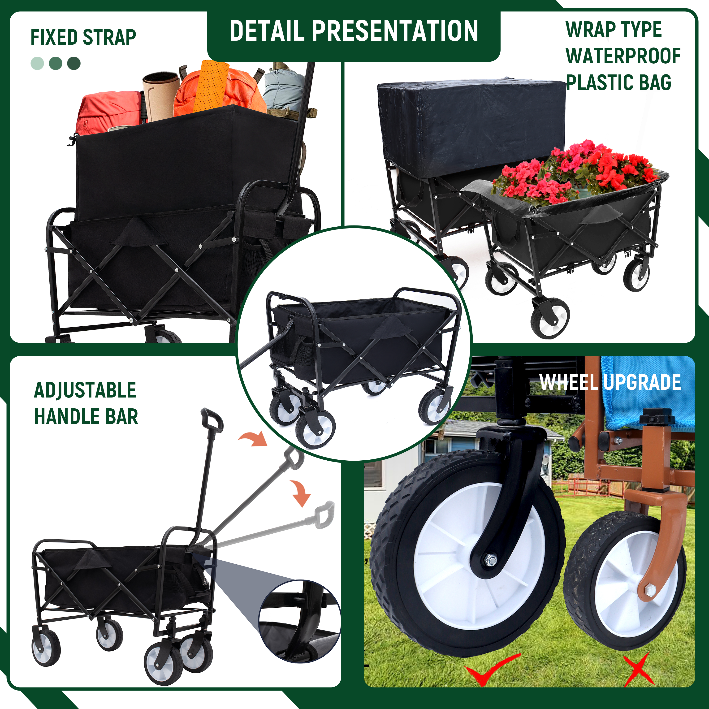 Furnibear Heavy-Duty Folding Wagon Cart with All-Terrain Wheels Includes 3 Liner Bags for Camping, Beach, Grocery, Black