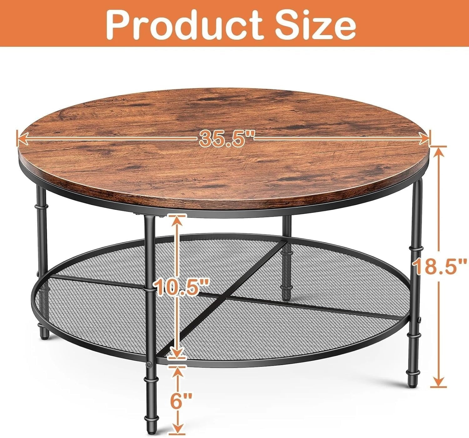Furnibear Round Coffee Table with Metal Frame, Rustic Wood Finish Accent Table with Wooden Tabletop and Padded Feet for Living Room