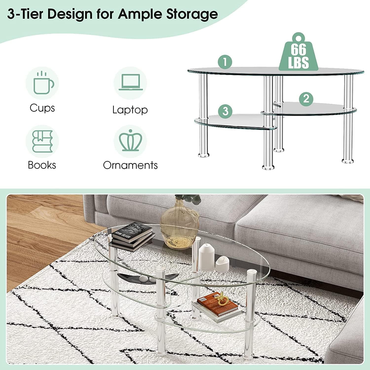 Furnibear Modern Oval Tempered Glass Coffee Table 3-Tier Shelf with Stainless Steel Legs Space-Saving Clear Design for Living Room