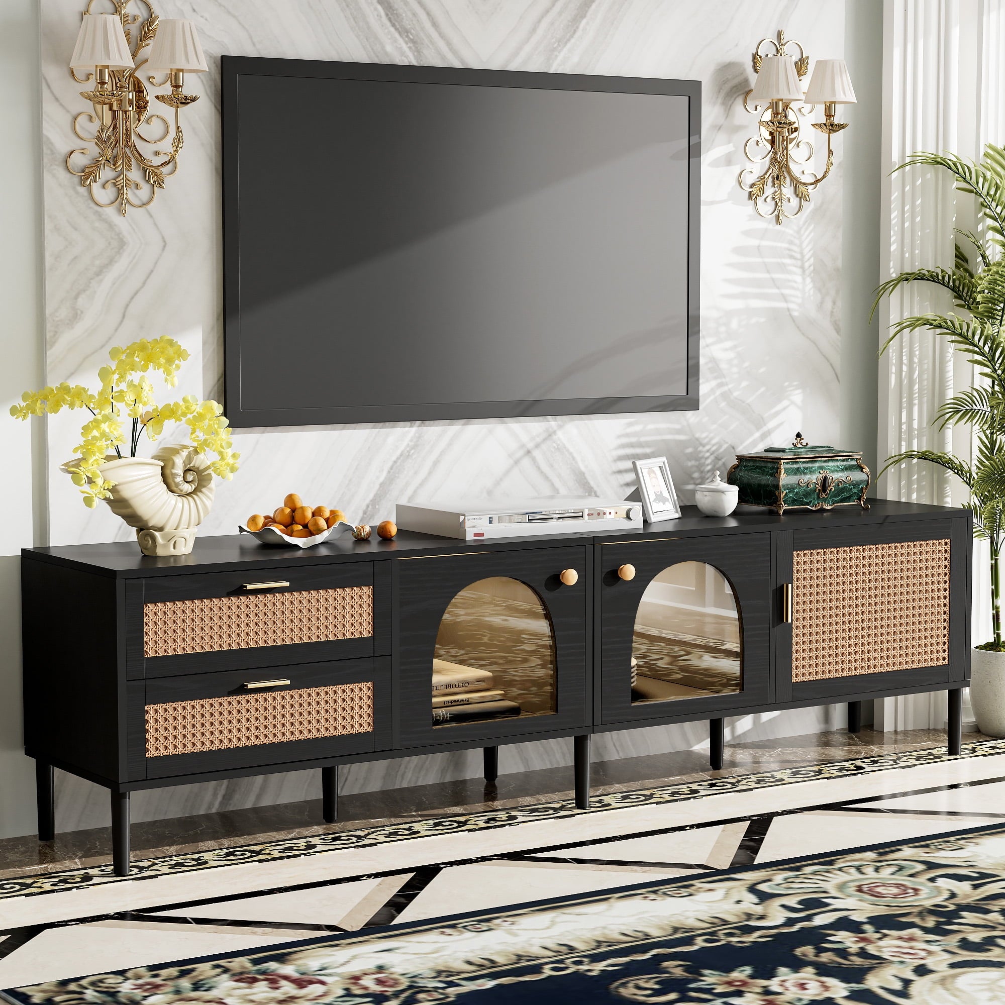 Furnibear Rattan TV Stand for TVs up to 80" with 3 Cabinets & 2 Drawers Media Console Table LED Light Entertainment Center, TV cabinet for Living room, Bedroom, Home Theatre,Black