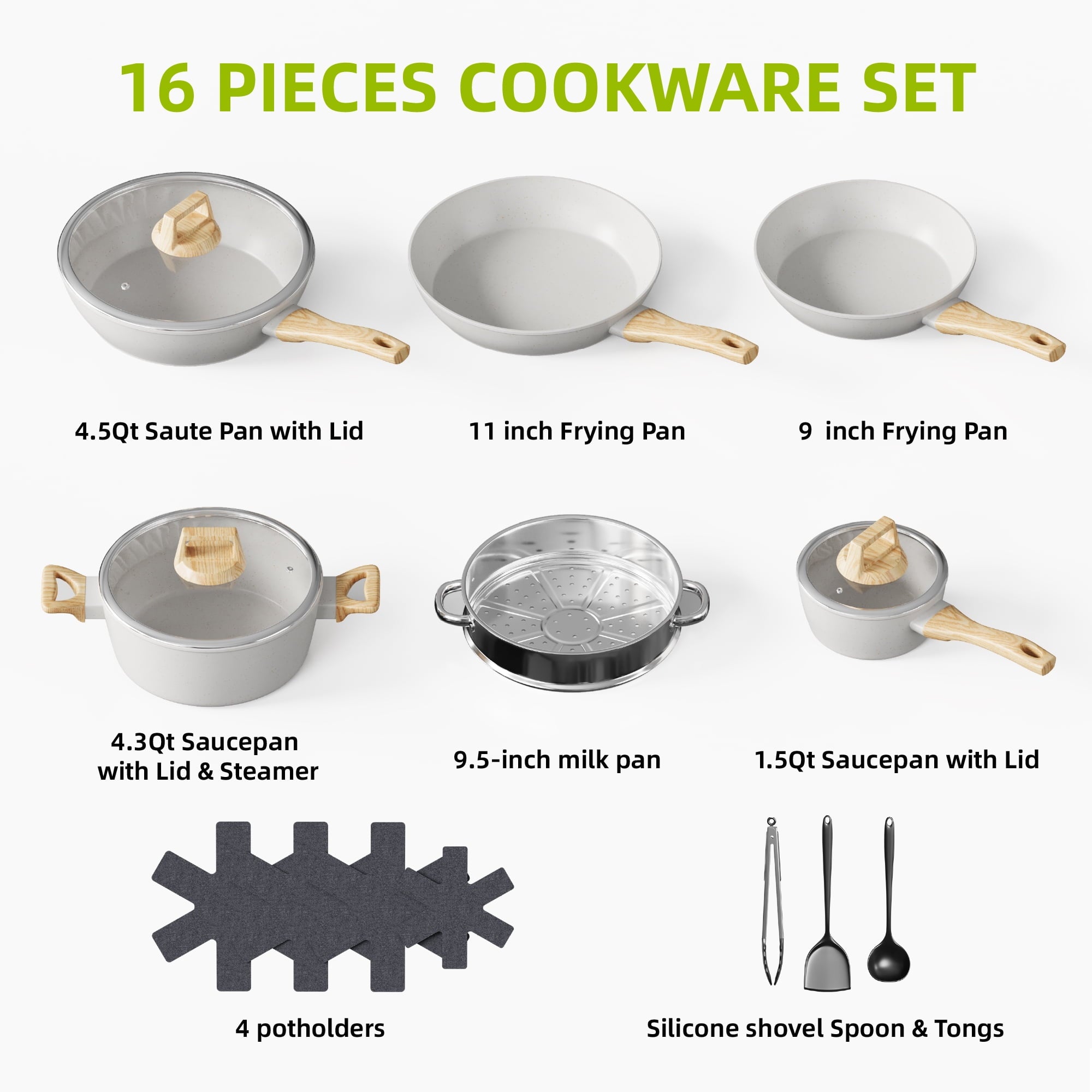 Furnibear 16pcs Nonstick Pots and Pans Set, Ceramic Cookware Set with Pots Protectors and Cooking Utensils, for RV and Camping White