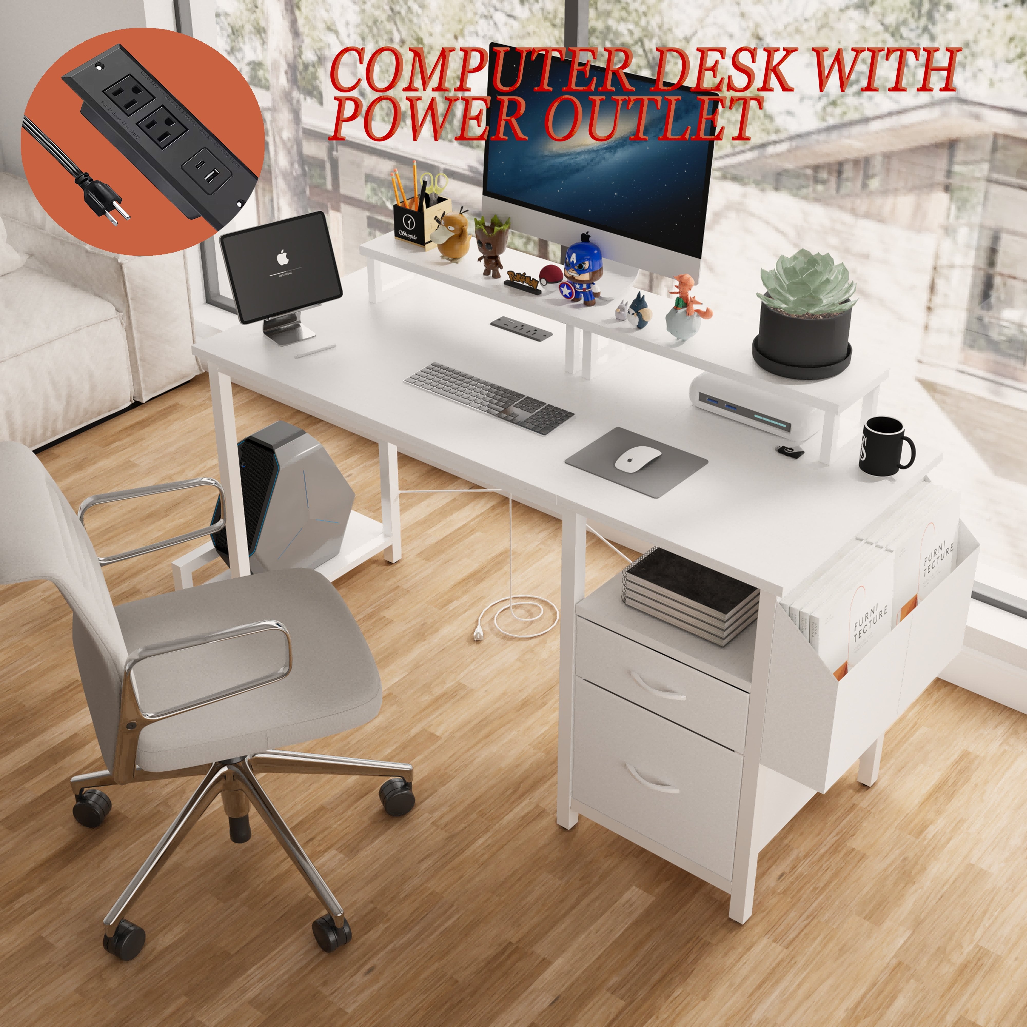 Furnibear Computer Desk with Drawer and Power Outlets, 47in Office Desk with 2 Monitor Stands and Fabric File Cabinet for Home Office, Small Space
