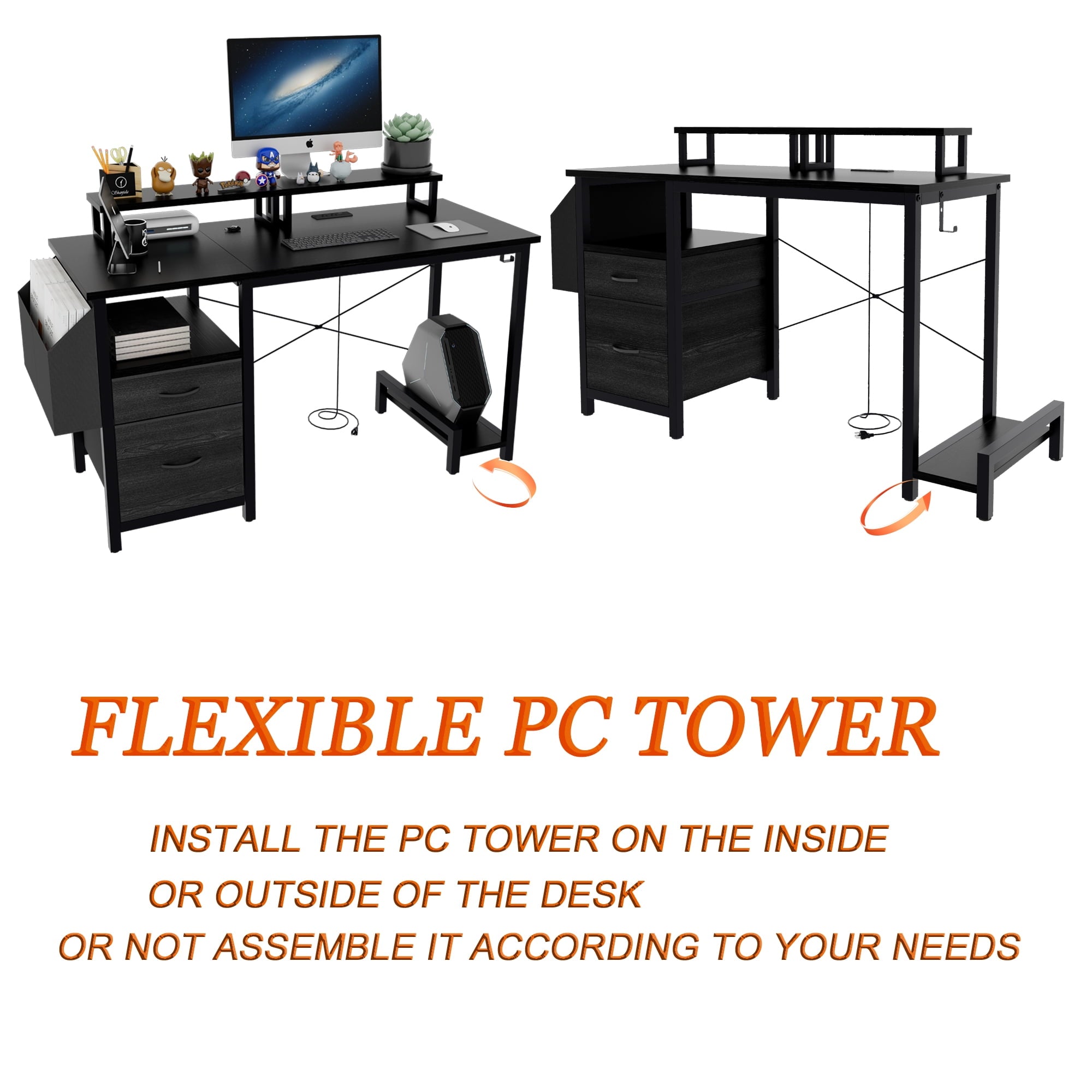 Furnibear Computer Desk with Drawer and Power Outlets, 47in Office Desk with 2 Monitor Stands and Fabric File Cabinet for Home Office, Small Space