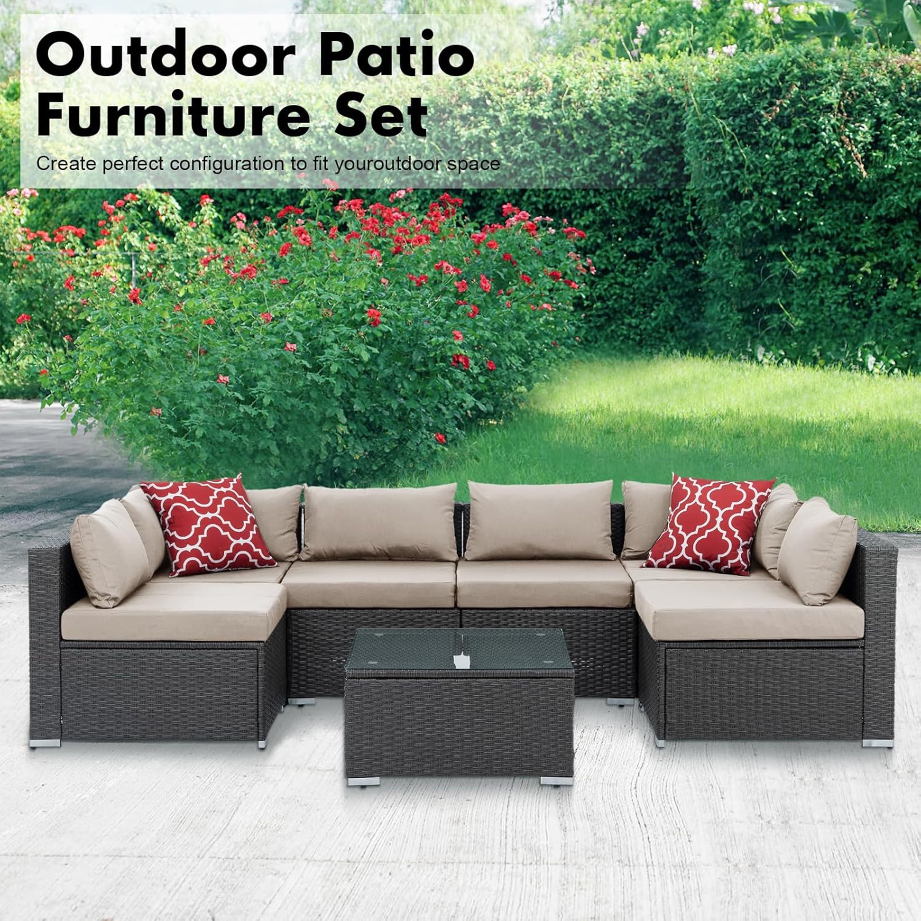 Furnibear 7 Pieces Outdoor Patio Sectional Sofa Couch, Black Wicker Patio Furniture Conversation Sets with Washable Cushions and Glass Coffee Table for Garden, Poolside, Backyard