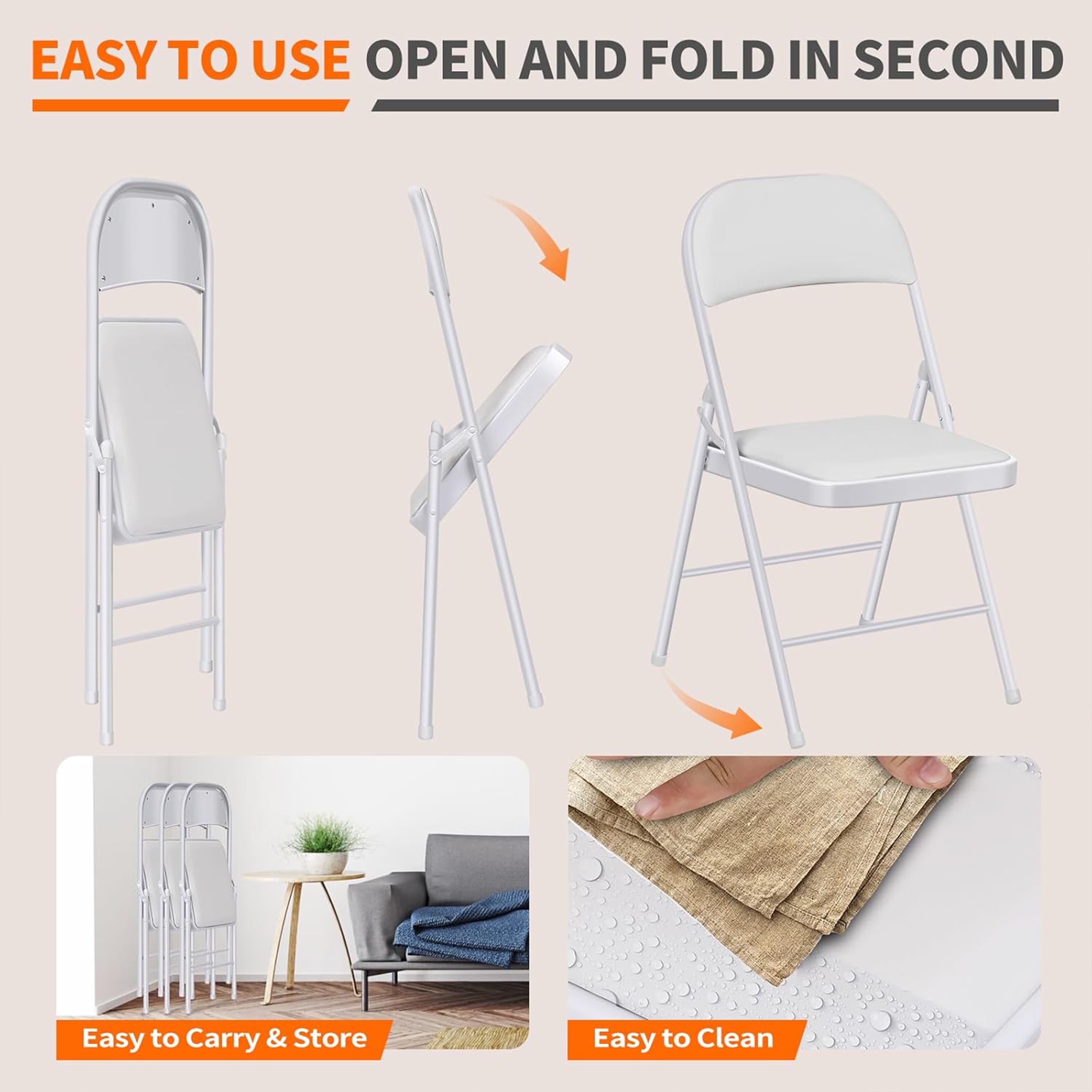 Furnibear 4 Pack Folding Chairs, Leather Padded Cushion Chairs with Comfortable Cushion and Stainless Steel Frame for Home and Office, for Indoor and Outdoor Events