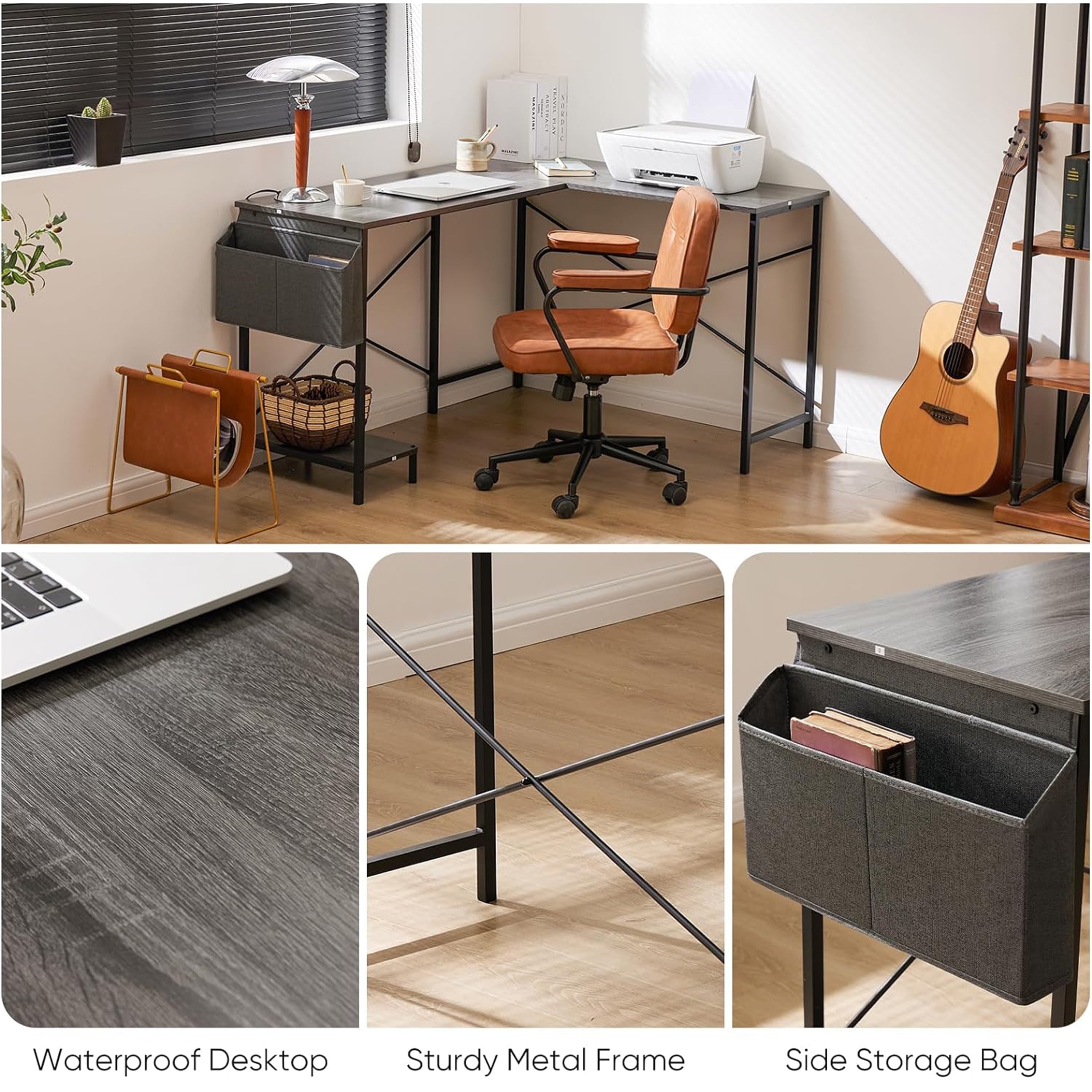 Furnibear L Shaped Computer Desk, Gaming Corner 50in PC Writing Study Student Table with Wooden Desktop CPU Stand Side Bag Reversible