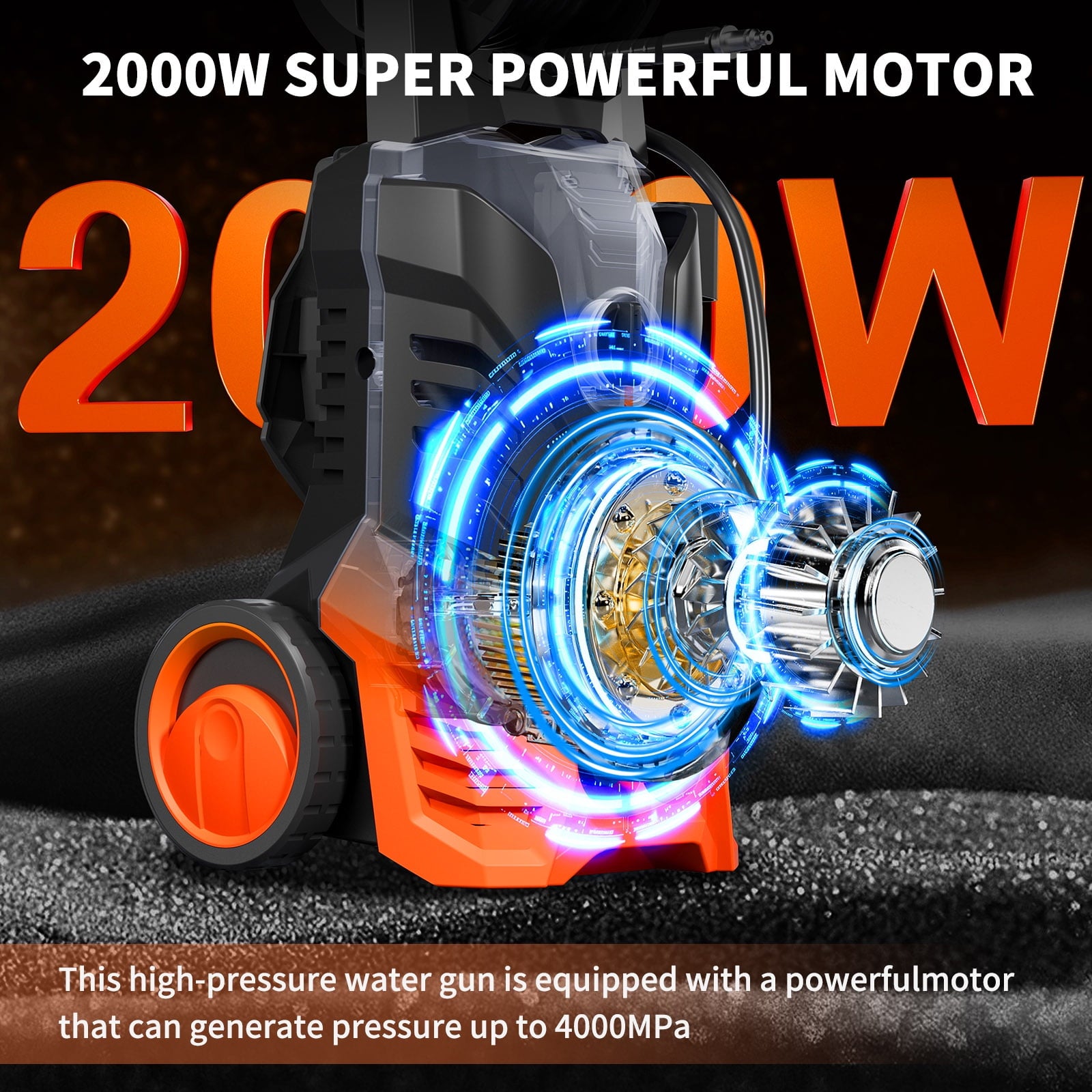 Furnibear 3800 PSI Electric Pressure Washer - Lightweight with Wheels, Easy to Assemble, 2.0GPM, Includes 5 Nozzles for Cars, Fences, Driveways, Orange