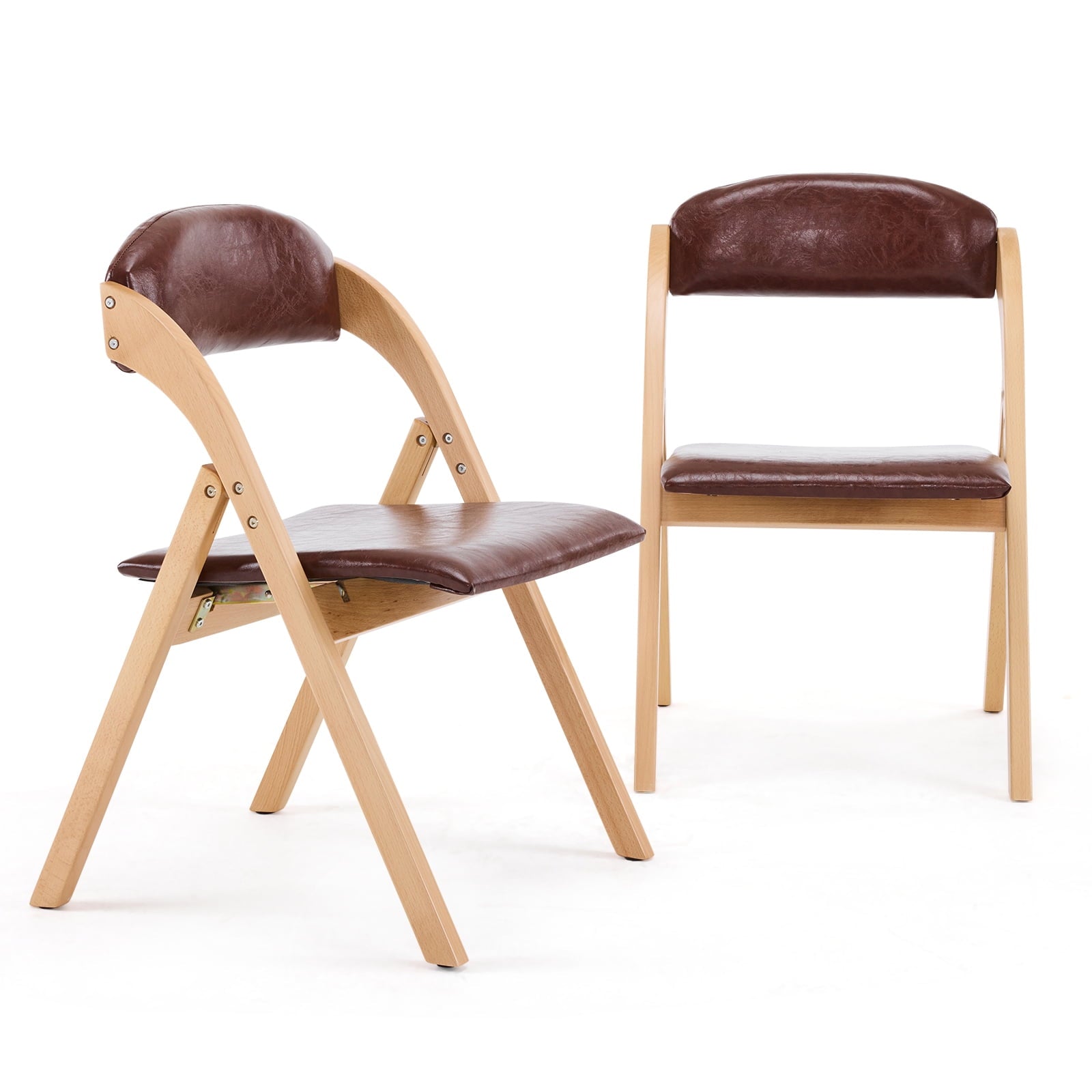 Furnibear Wood 2 Pack Folding Chairs, PU Leather Padded Protable Chairs