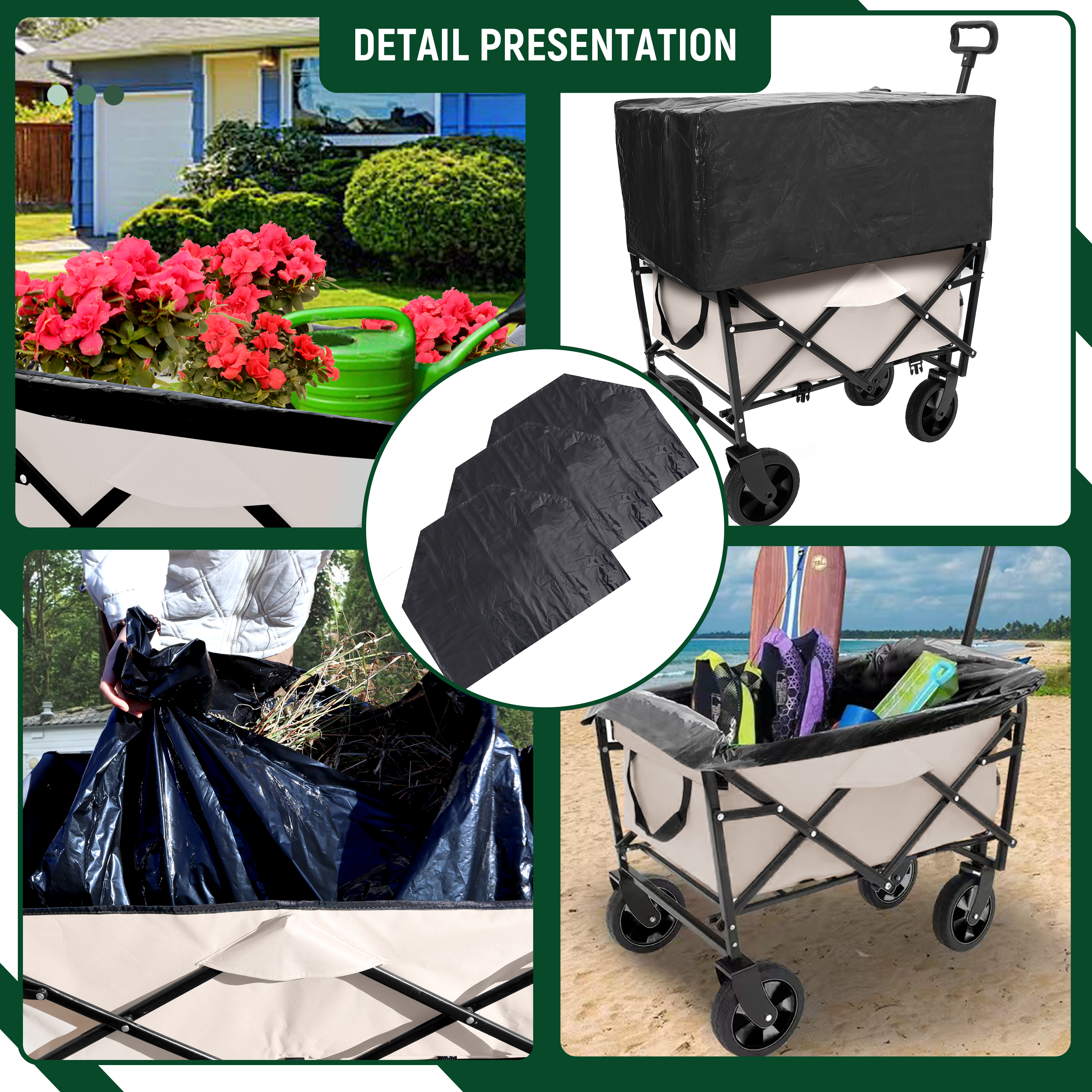 Furnibear Heavy-Duty Folding Wagon Cart with All-Terrain Wheels Includes 3 Liner Bags for Camping, Beach, Grocery,Off-White