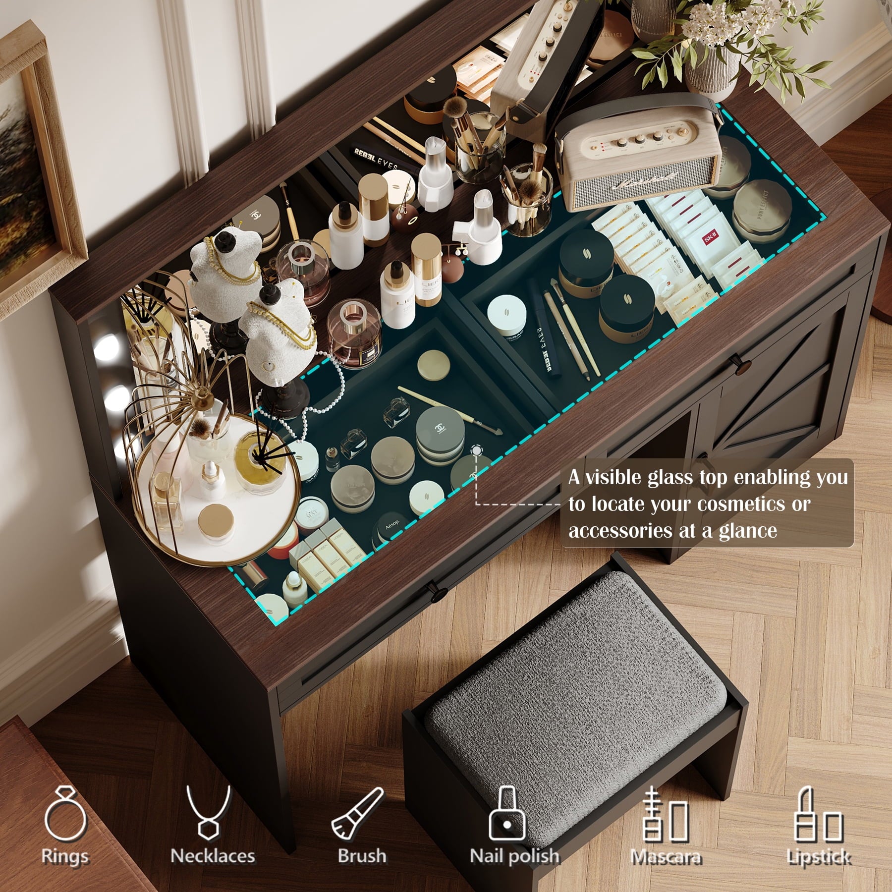 Furnibear Vanity Desk Set with Mirror and Light, Makeup Table with 2 Drawers and Cabinet, 3 Color Modes Brightness Adjustable