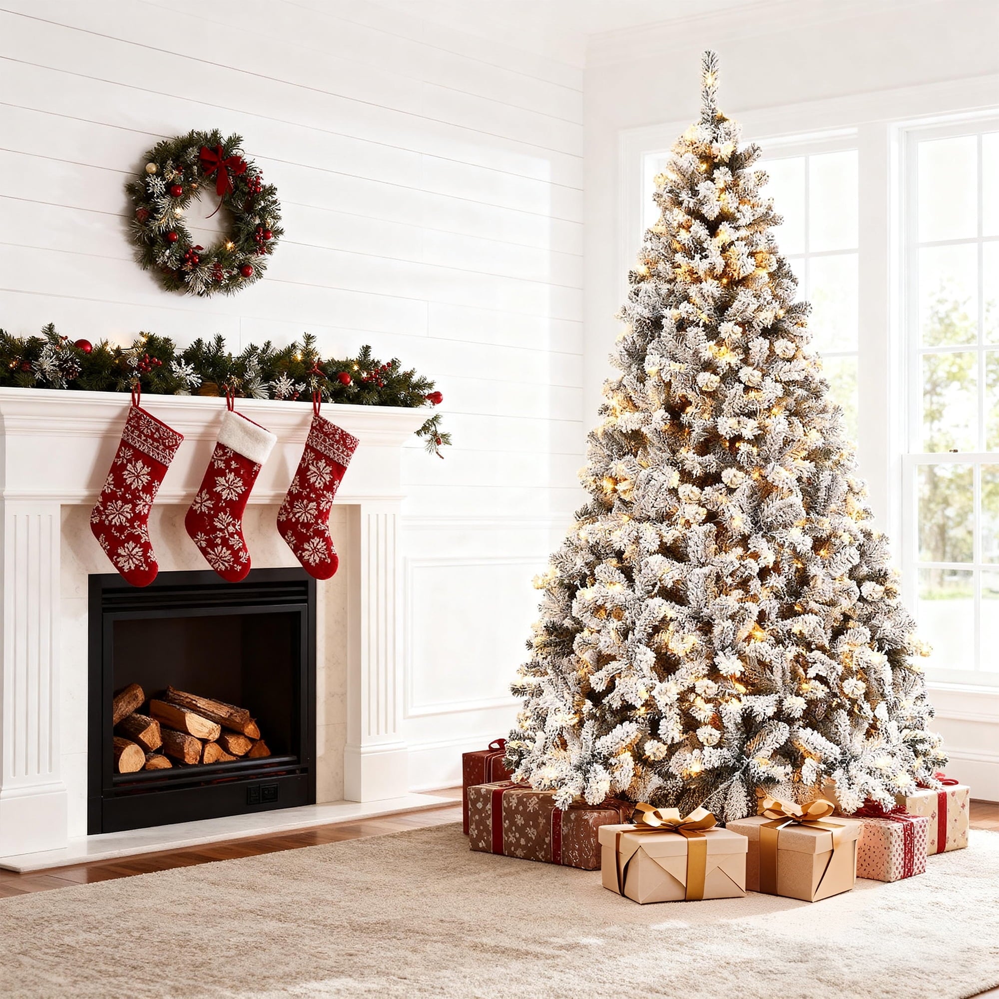 Furnibear 6ft Flocked Artificial Christmas Tree, 1000 Tips Unlit Snowy Tree with Automatic Fluffing