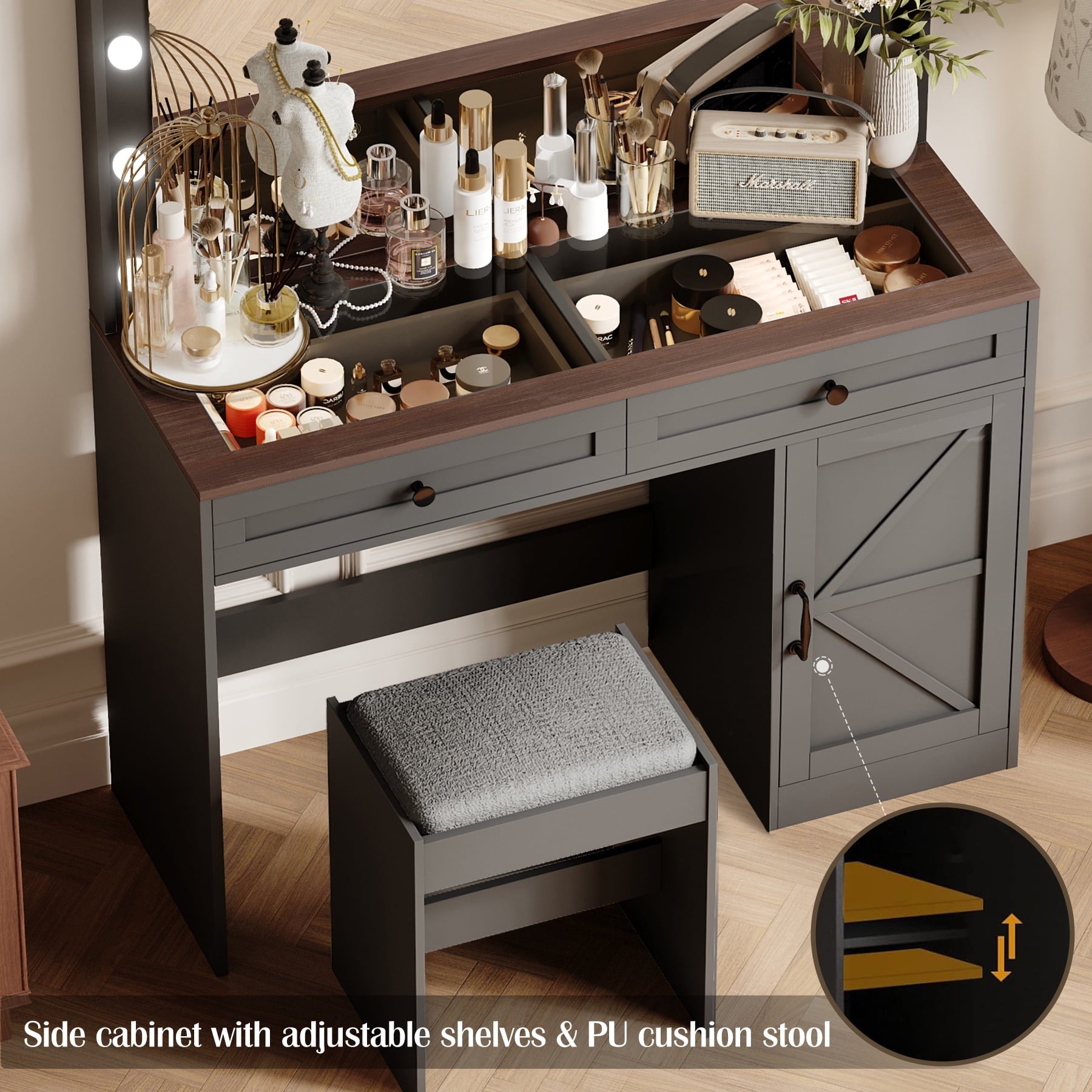 Furnibear Vanity Desk Set with Mirror and Light, Makeup Table with 2 Drawers and Cabinet, 3 Color Modes Brightness Adjustable