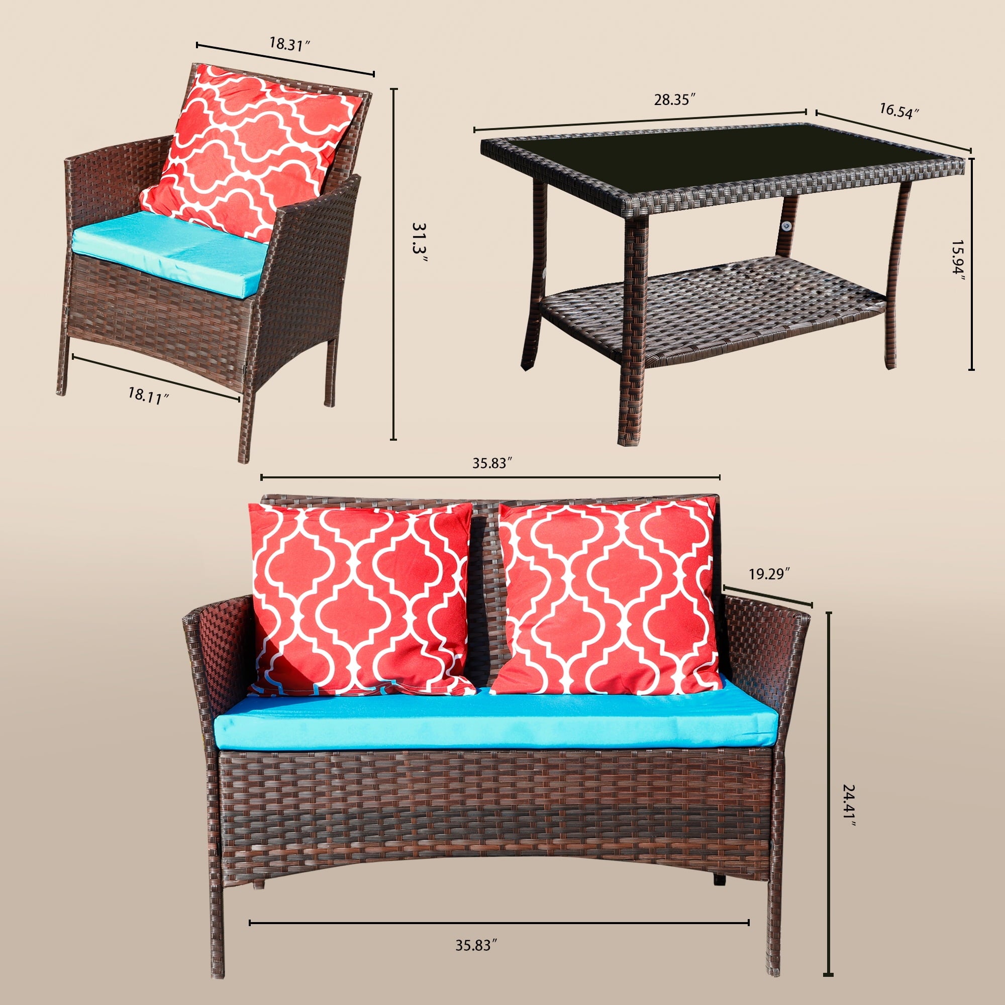 Furnibear Patio Furniture Set, 4 Pieces Outdoor Rattan Chair Wicker Sofa Garden Conversation Bistro Sets for Yard,Pool or Backyard