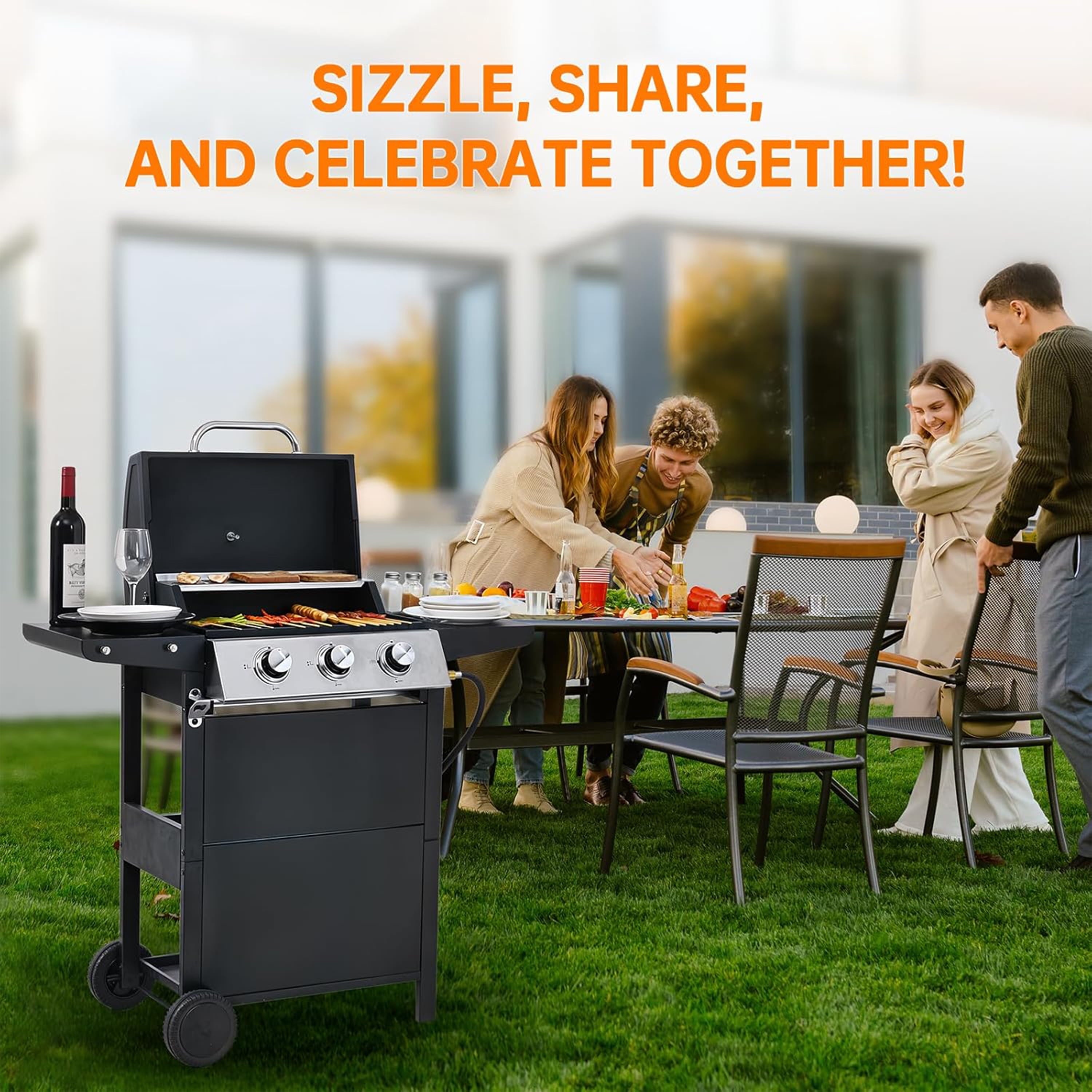 Furnibear 3 Burner BBQ Propane Gas Grill, Stainless Steel 26,000 BTU Patio Garden Barbecue Grill with Two Foldable Shelves