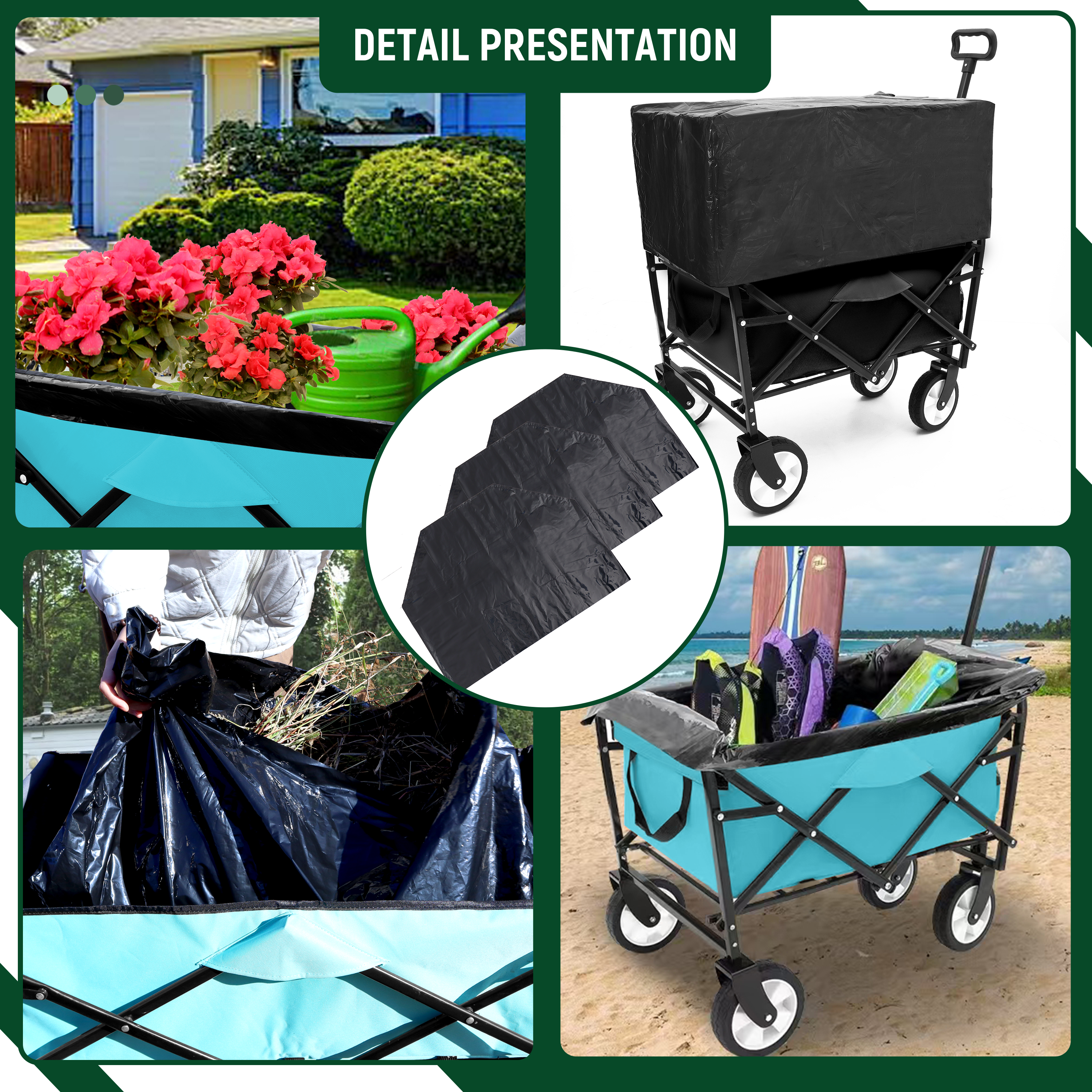 Furnibear Heavy-Duty Folding Wagon Cart with All-Terrain Wheels Includes 3 Liner Bags for Camping, Beach, Grocery,Blue