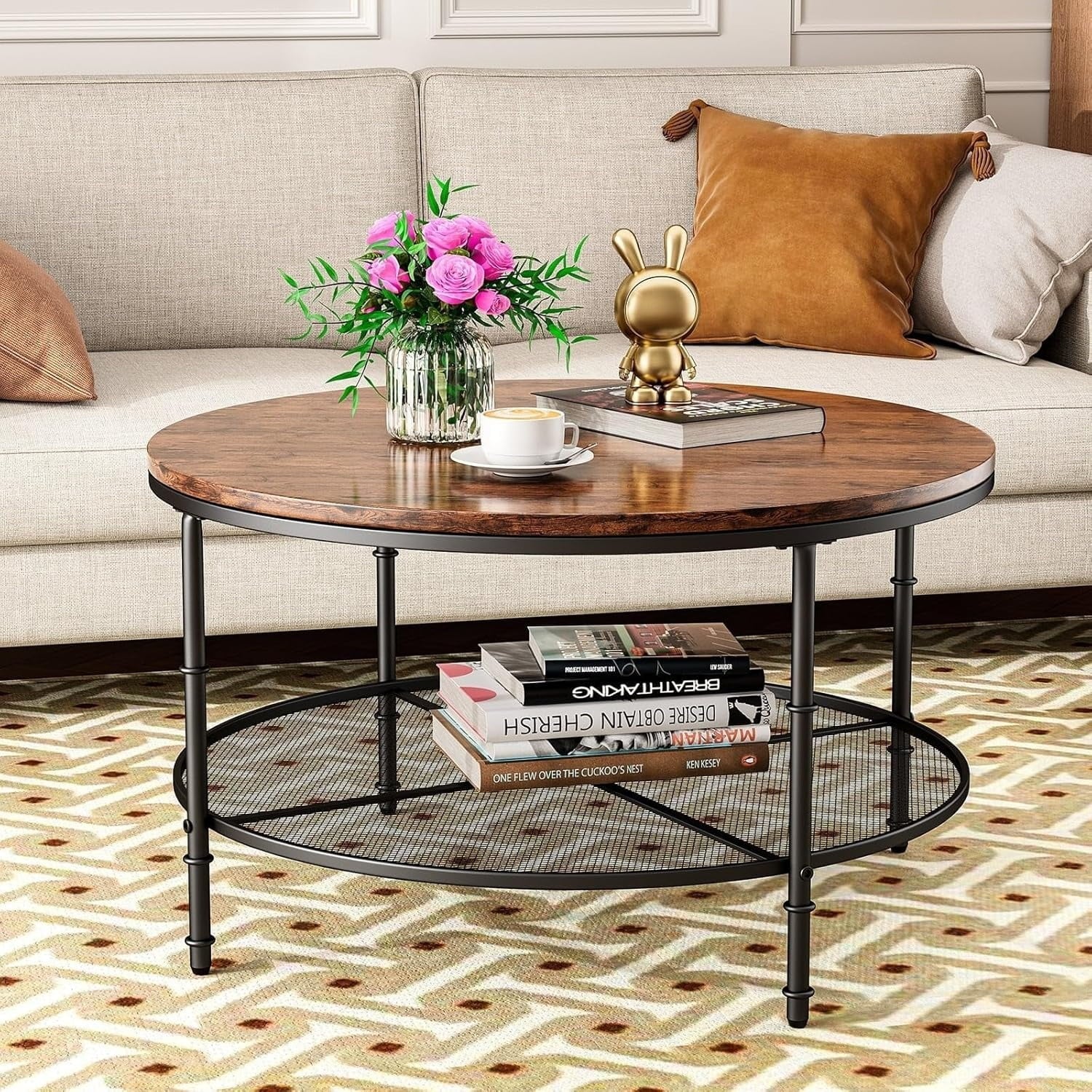 Furnibear Round Coffee Table with Metal Frame, Rustic Wood Finish Accent Table with Wooden Tabletop and Padded Feet for Living Room