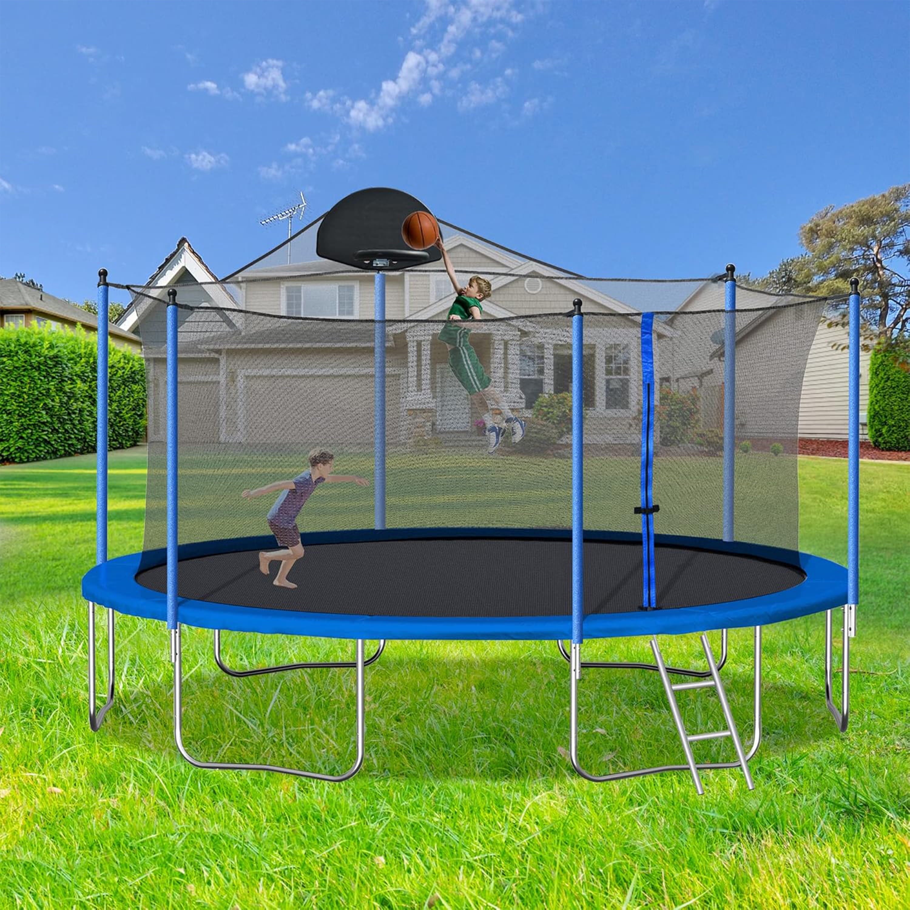 Furnibear 1300 LBS 14 FT Trampoline for Kids and Adults, Heavy-Duty Recreational Outdoor Trampoline with Basketball Hoop and Safety Enclosure Net