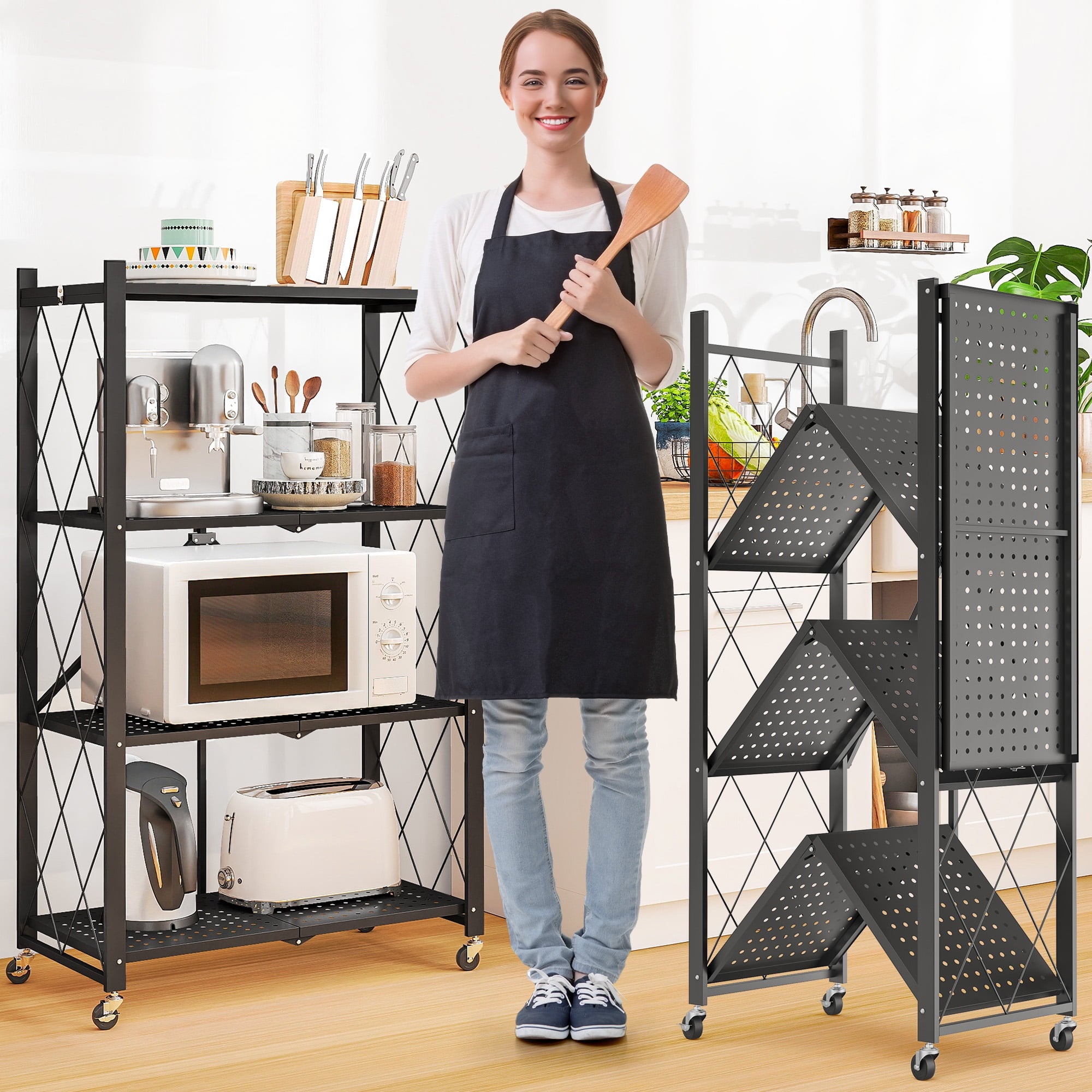Furnibear 4-Tier Folding Storage Shelves with Wheels, Foldable Metal Rack, Collapsible Shelves for Garage, Kitchen, Basement, Black