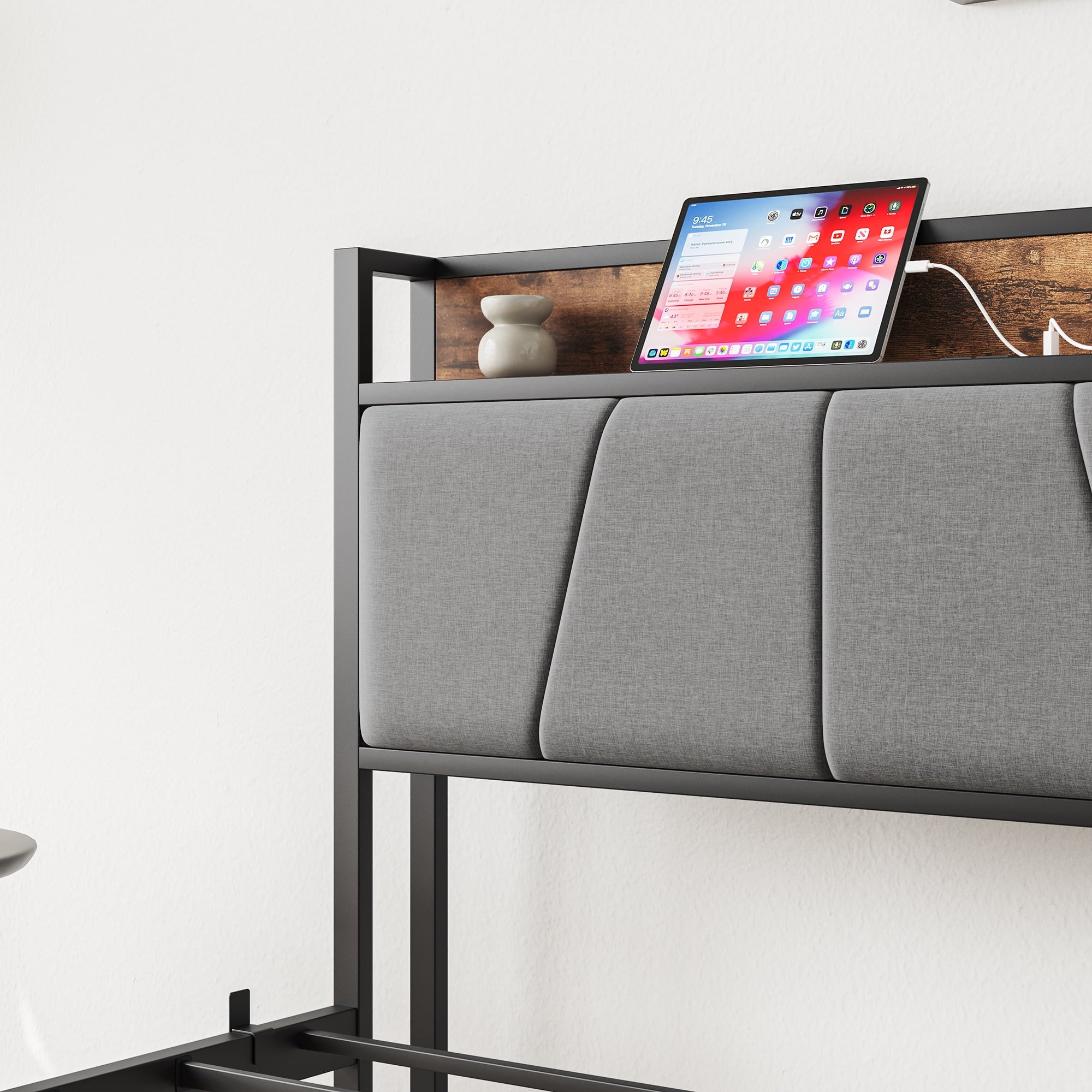 Furnibear TWIN SIZE Bed Frame with Storage Headboard and USB Charging Station, Sturdy Shake-Free Platform, No Box Spring Needed, Easy Tool-Free Assembly