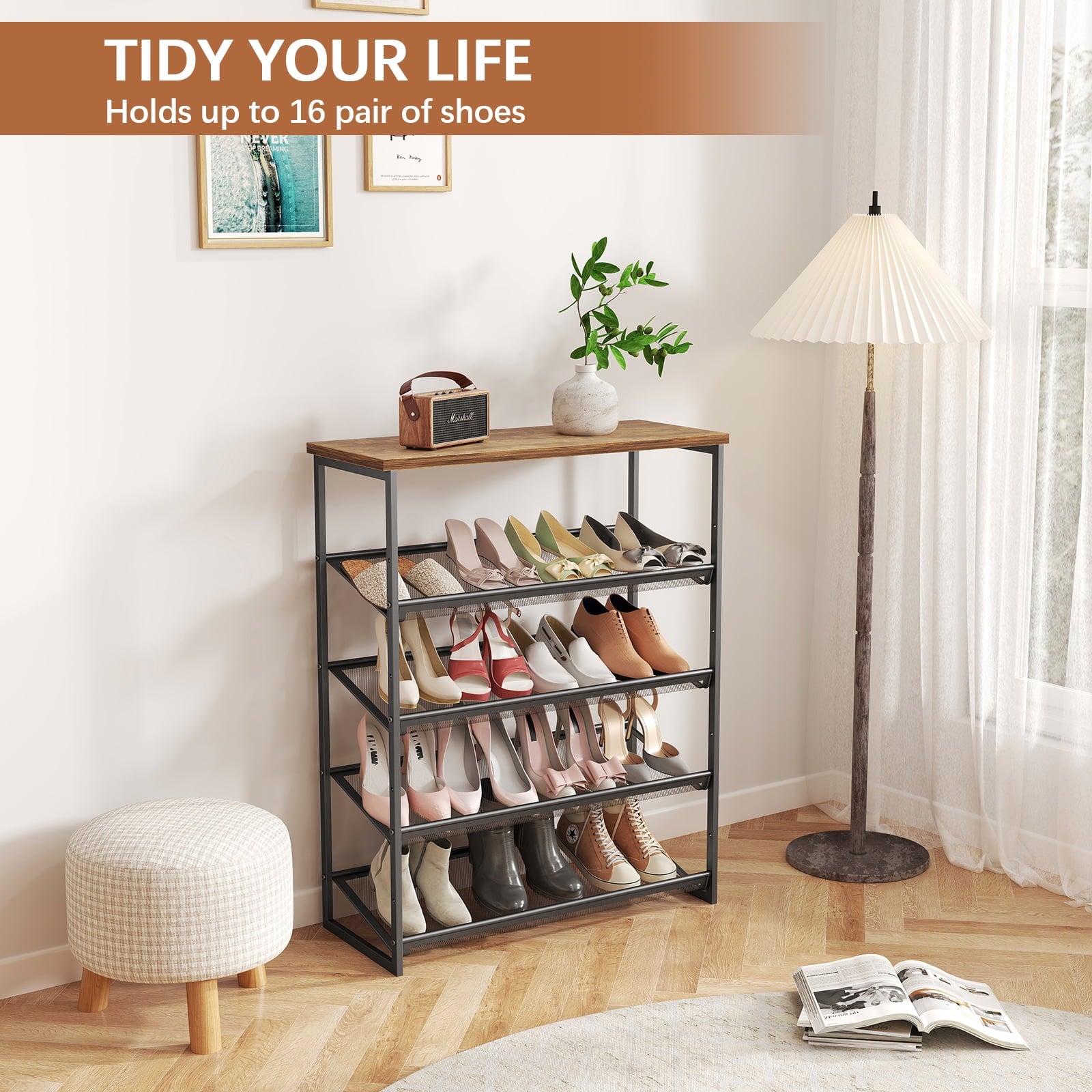 Furnibear 5-Tier Shoe Rack with Adjustable Flat/Slanted Shelves, Sturd