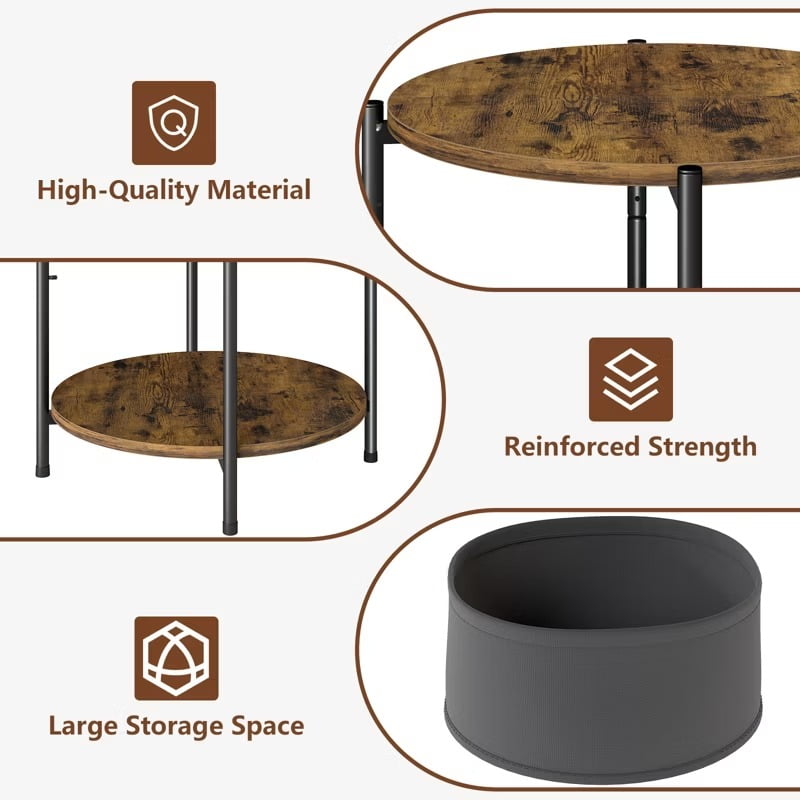 Furnibear Set of 2 Round Side Table Set Night Stand with Removable Fabric Baskets and Wooden Top