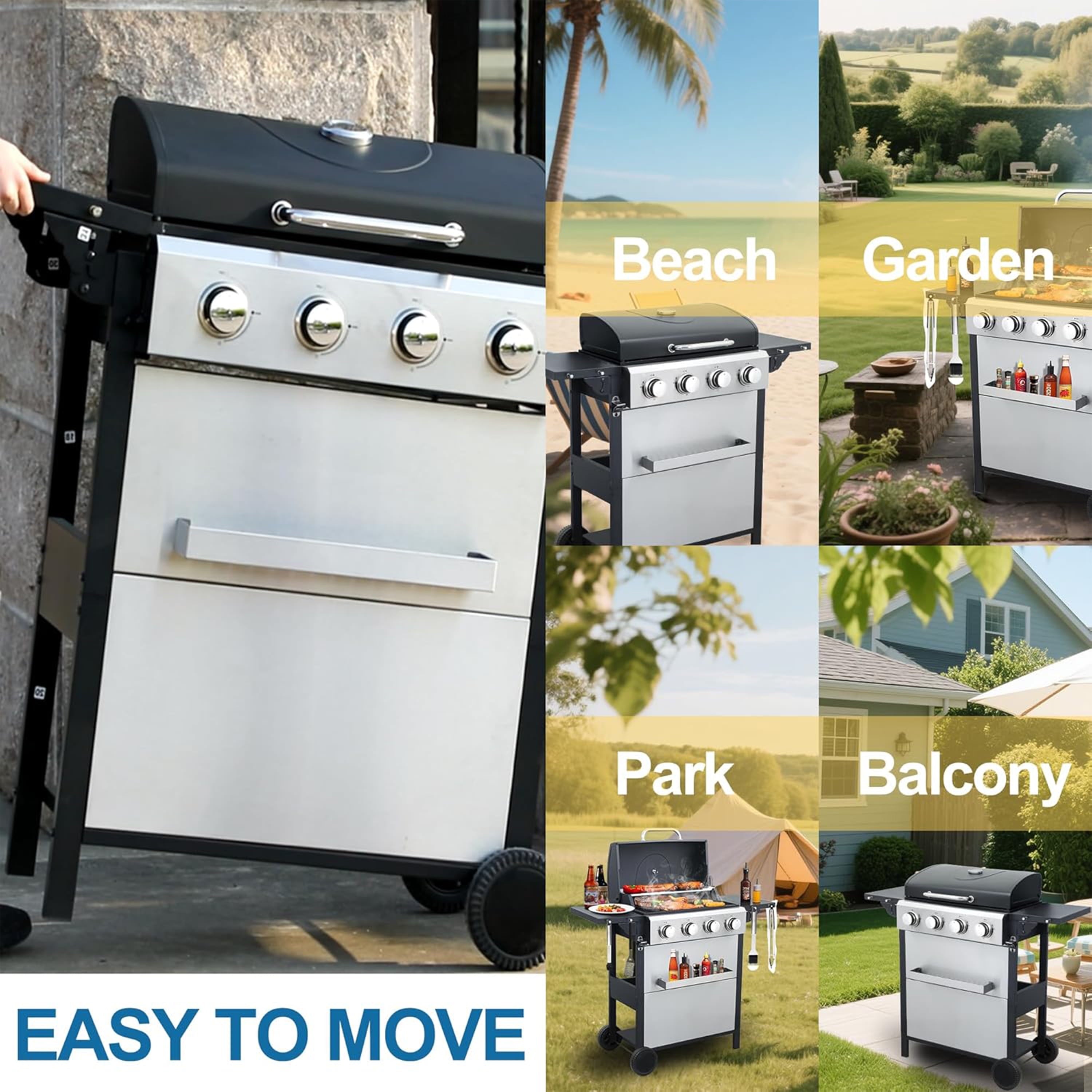 Furnibear 4 Burner BBQ Propane Gas Grill, Stainless Steel 34,200 BTU Patio Garden Barbecue Grill with 2 Foldable Shelves, Spice Rack