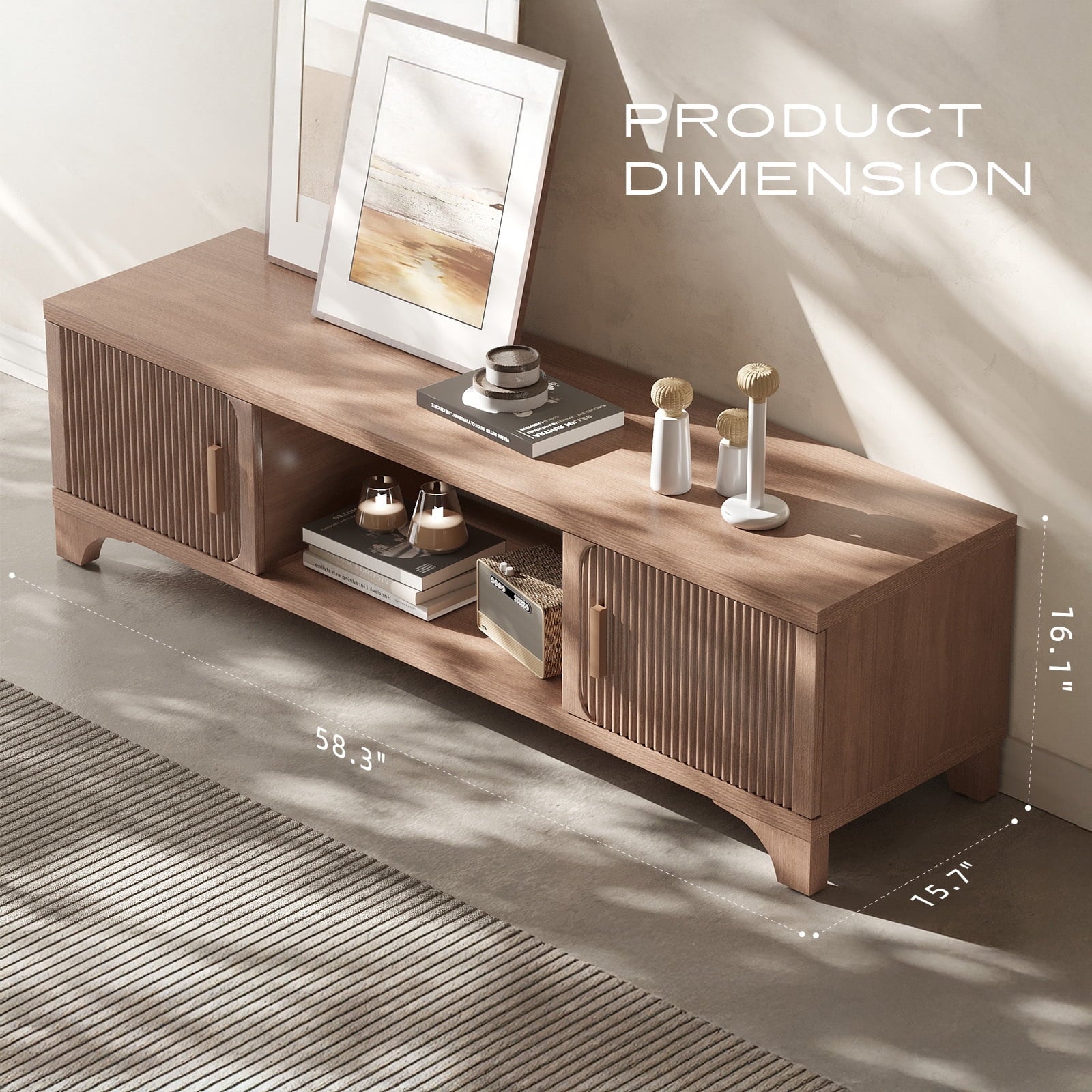 Furnibear Wood TV Stand Up to 75 Inch for Living Room, Mid Century Modern Entertainment Center, TV Console with Fluted Door Cabinets and Open Shelves, for Bedroom,Dark Brown