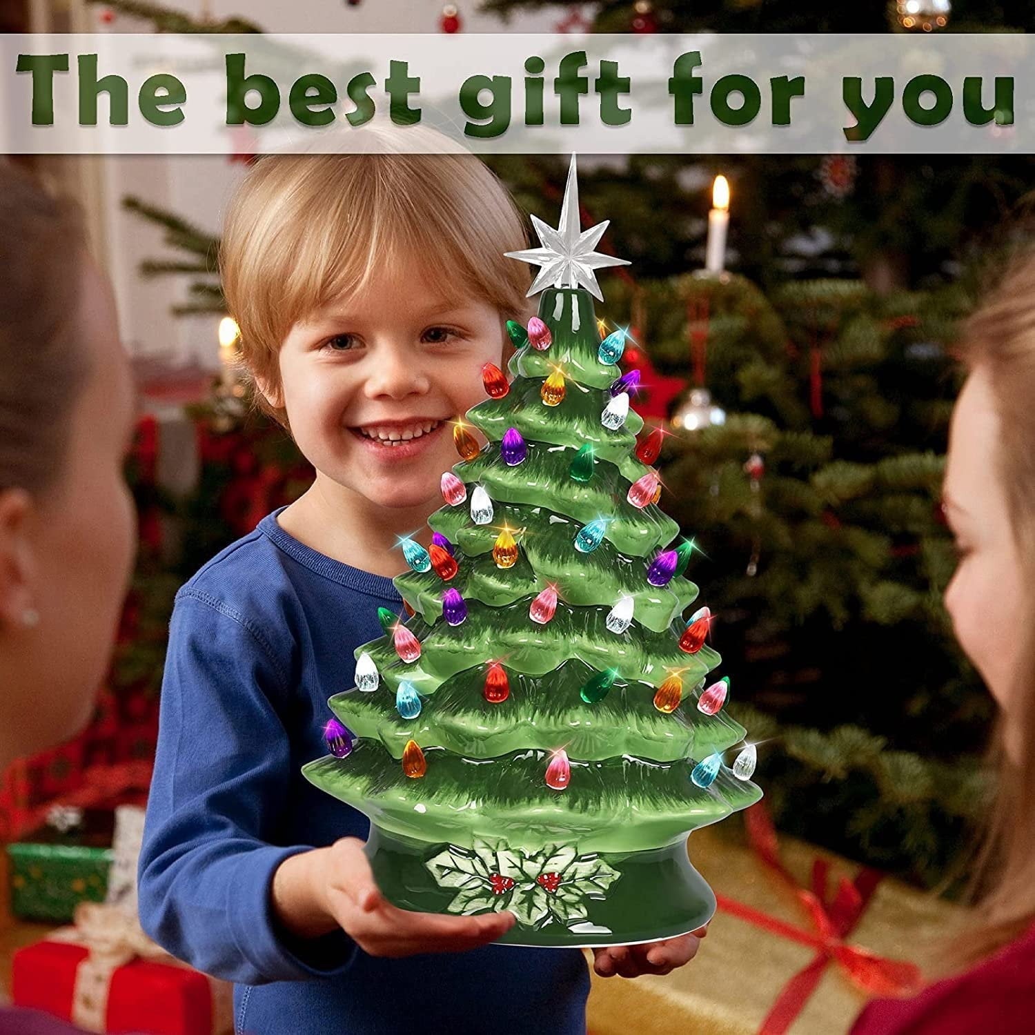 Furnibear 15 Inch Ceramic Christmas Tree, Green Tabletop Decor with LED Lights, Plug-in