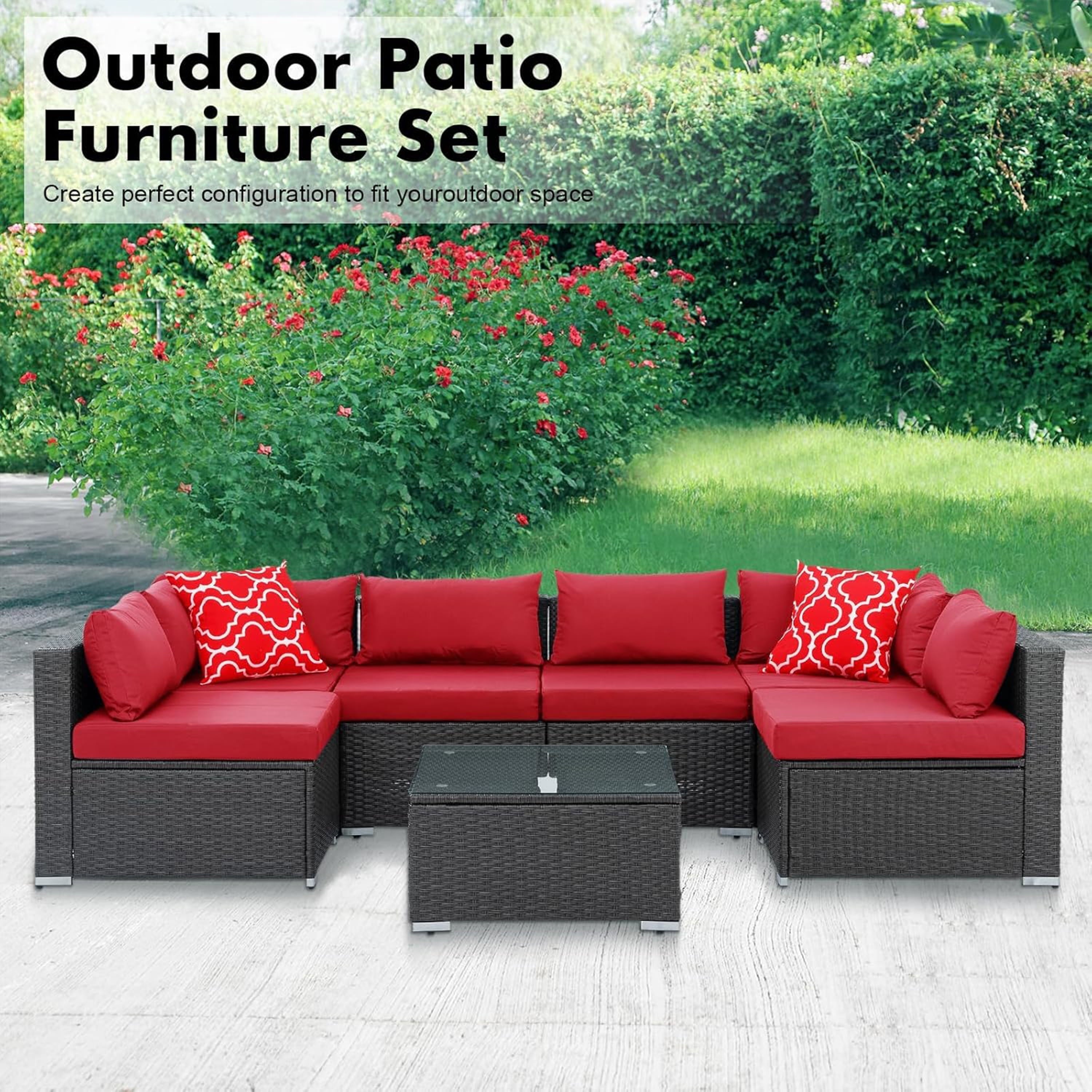 Furnibear 7 Pieces Outdoor Patio Sectional Sofa Couch, Black Wicker Patio Furniture Conversation Sets with Washable Cushions and Glass Coffee Table for Garden, Poolside, Backyard
