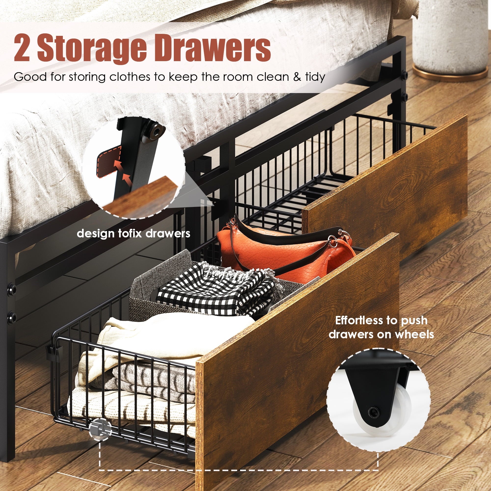 Furnibear Queen Bed Frame with Upholstered Storage Headboard and Drawers, LED Platform Bed with Charging Station, No Box Spring Needed