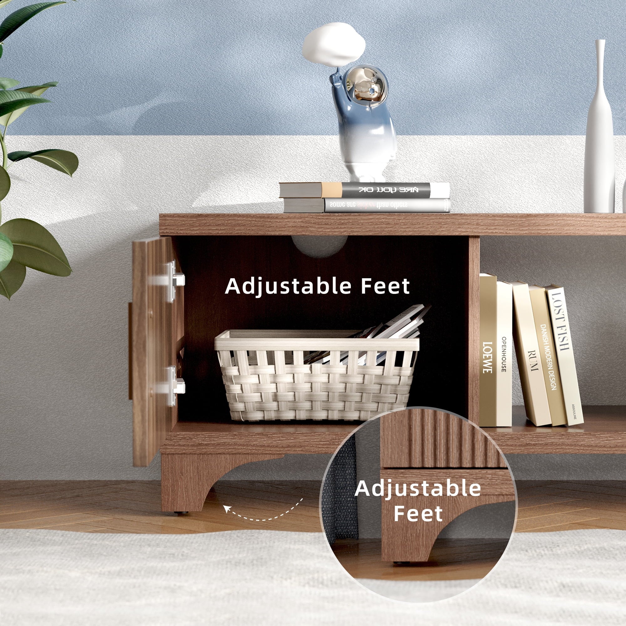 Furnibear Wood TV Stand Up to 75 Inch for Living Room, Mid Century Modern Entertainment Center, TV Console with Fluted Door Cabinets and Open Shelves, for Bedroom,Dark Brown