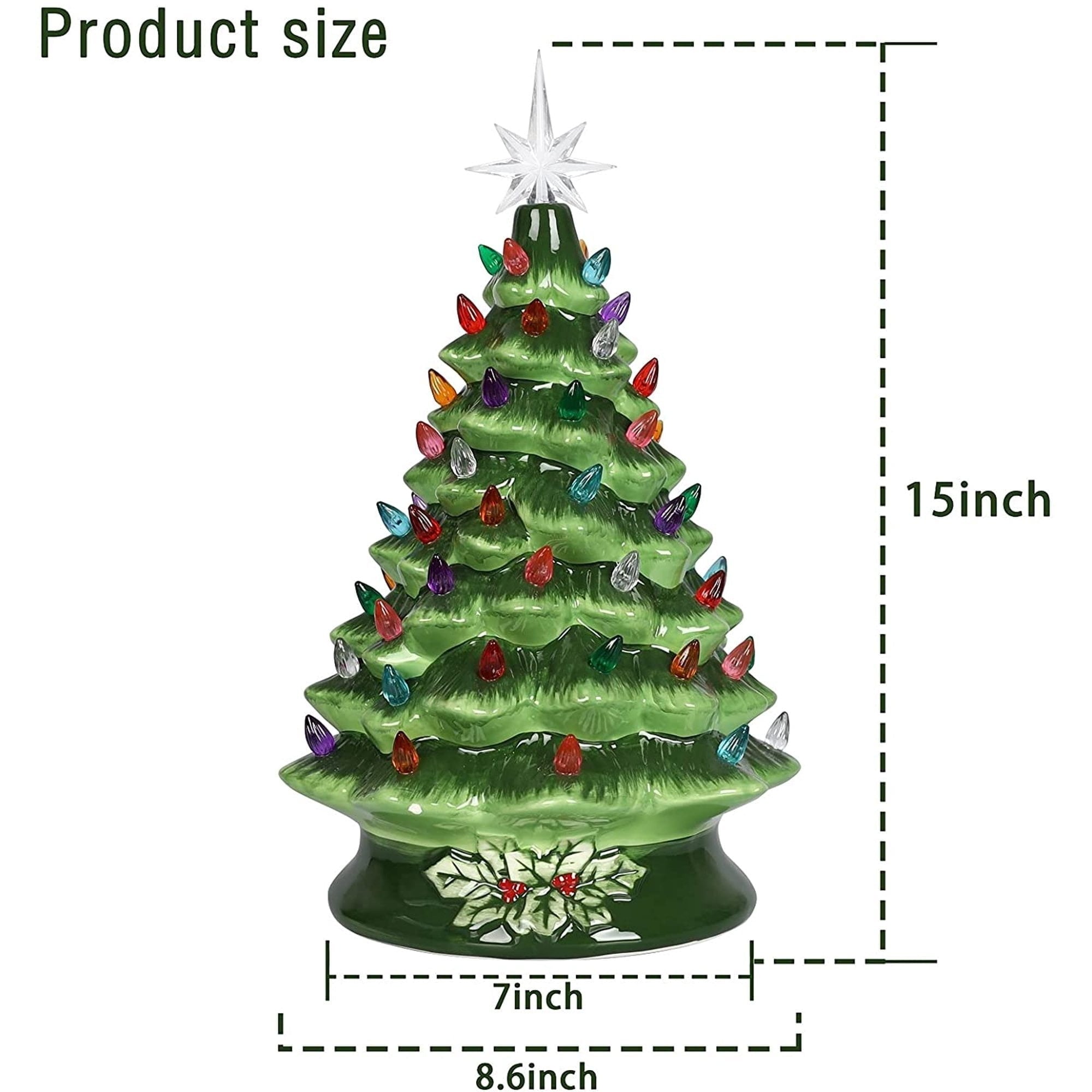Furnibear 15 Inch Ceramic Christmas Tree, Green Tabletop Decor with LED Lights, Plug-in