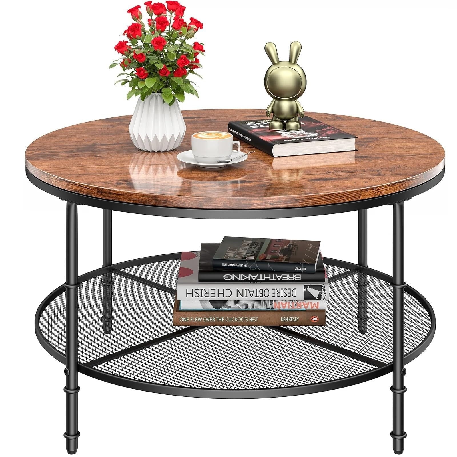 Furnibear Round Coffee Table with Metal Frame, Rustic Wood Finish Accent Table with Wooden Tabletop and Padded Feet for Living Room