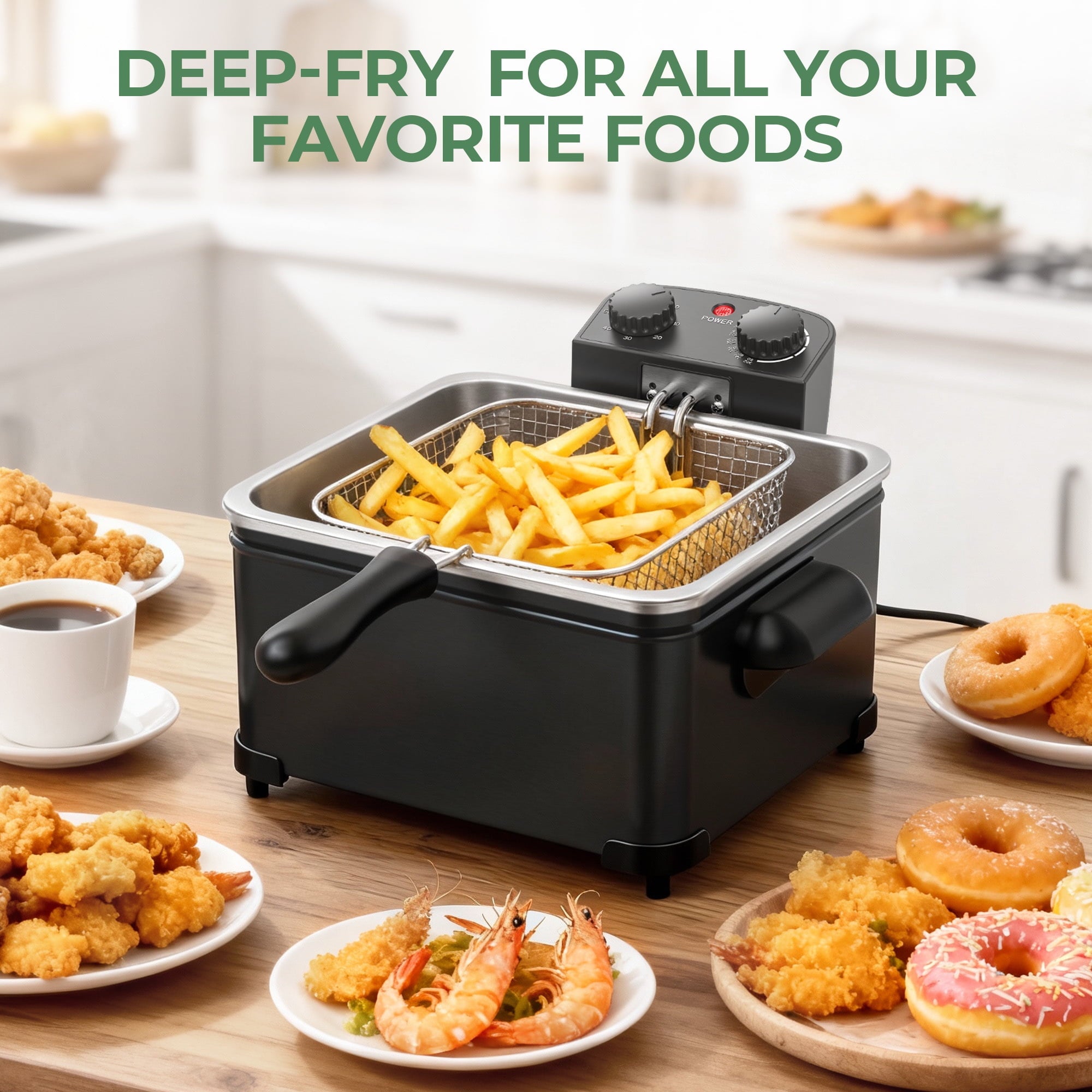 Furnibear Electric Deep Fryer with 3 Frying Baskets, 5L 1700W Large Fryer Adjustable Temperature,View Window Lid for Kitchen, Fry Fish for Home Use,Black