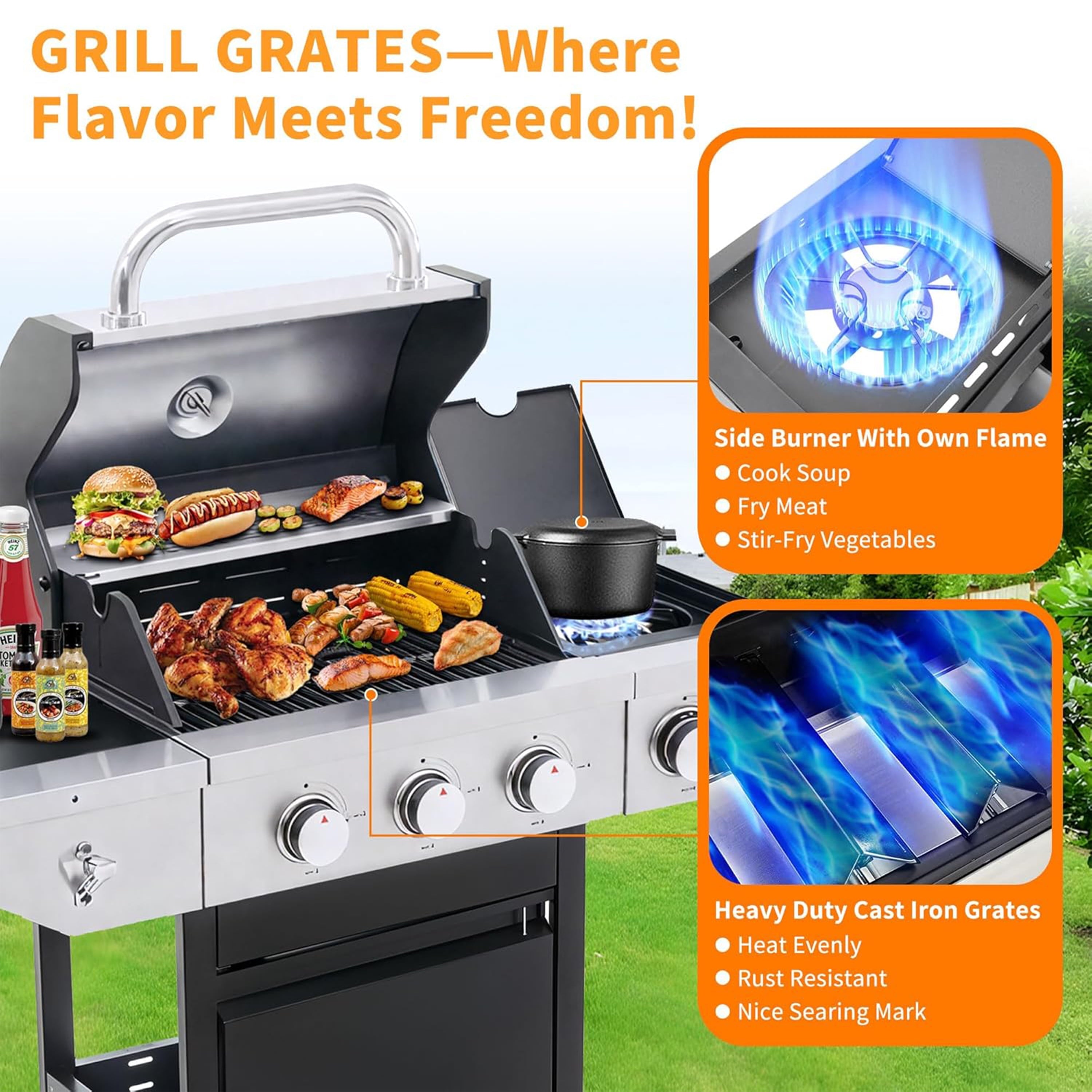 Furnibear Propane Grill 3 Burner Barbecue Grill Stainless Steel Gas Grill with Side Burner and grill Cover