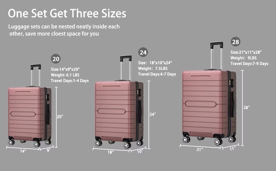 Furnibear 3-Piece Hardside Luggage Set with TSA Locks, 20in/24in/28in Spinner Wheel Suitcases, Lightweight Durable Shell, 360¡ã Silent Wheels, Stackable Design (Rose Pink)