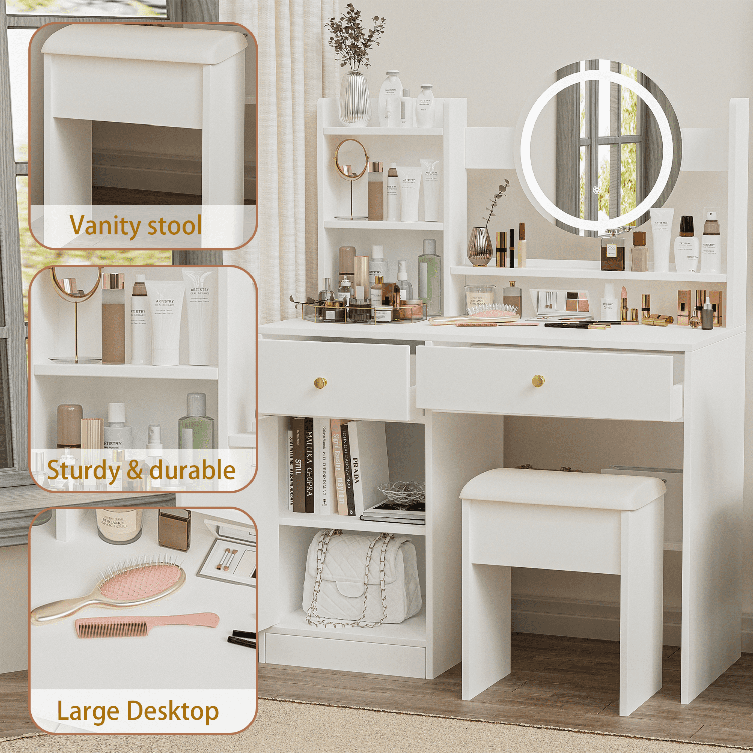 Furnibear 36in Vanity Desk Set, Makeup Table with Drawers, Dressing Table with Mirror and LED Lights, 3 Lighting Modes, Multifunctional Makeup Writing Desk for Bedroom