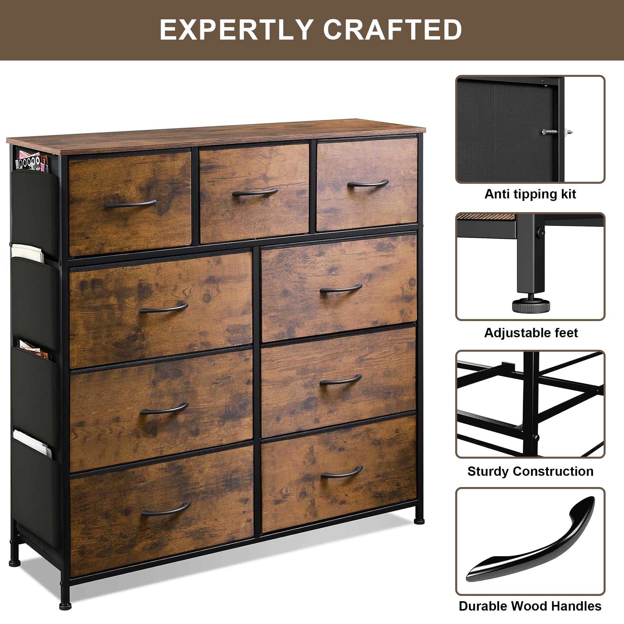 Furnibear 9-Drawer Fabric Dresser Storage Cabinet with Steel Frame, Closet Organizer