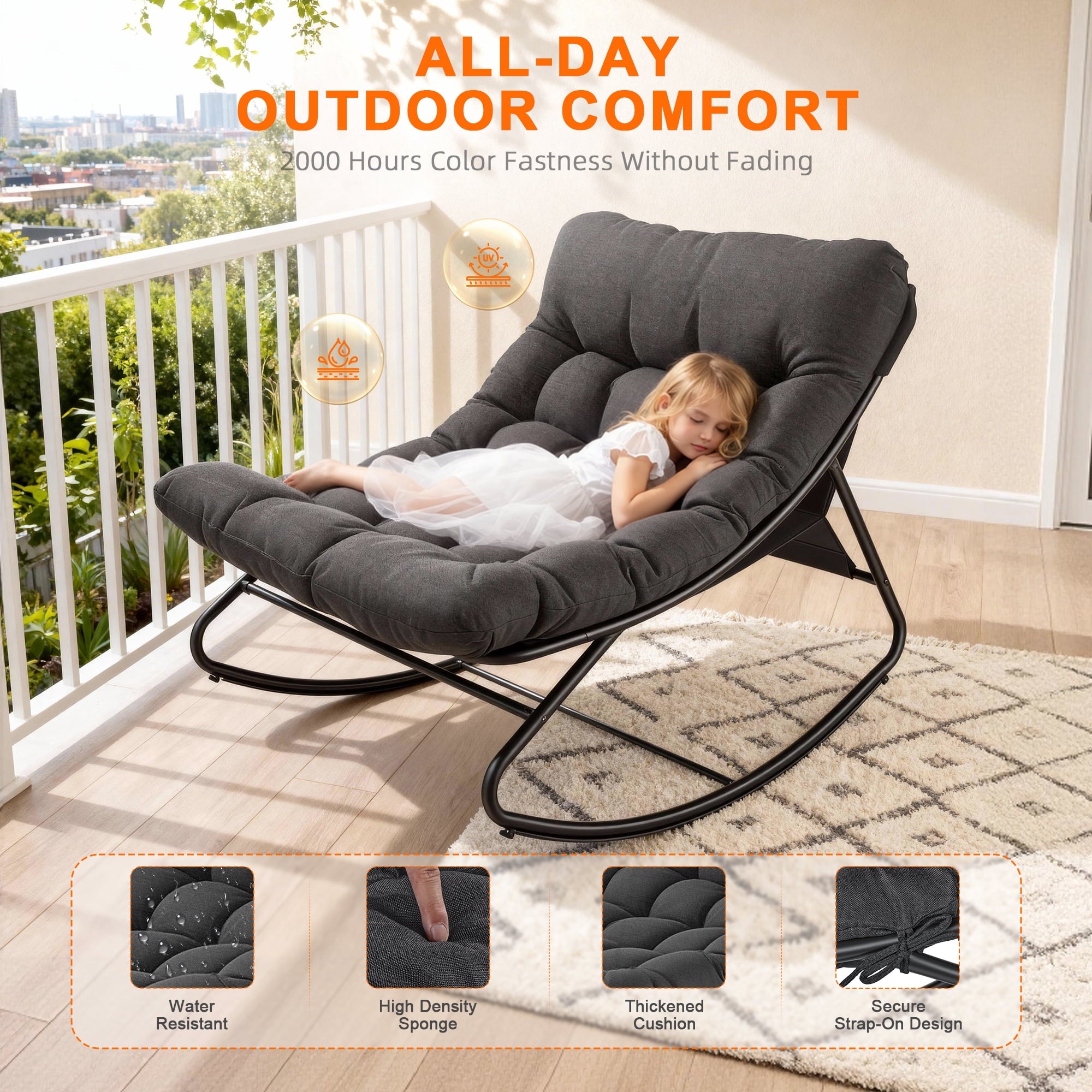 Furnibear Oversized Outdoor Rocking Chair,Patio Rocker with Thick Cush