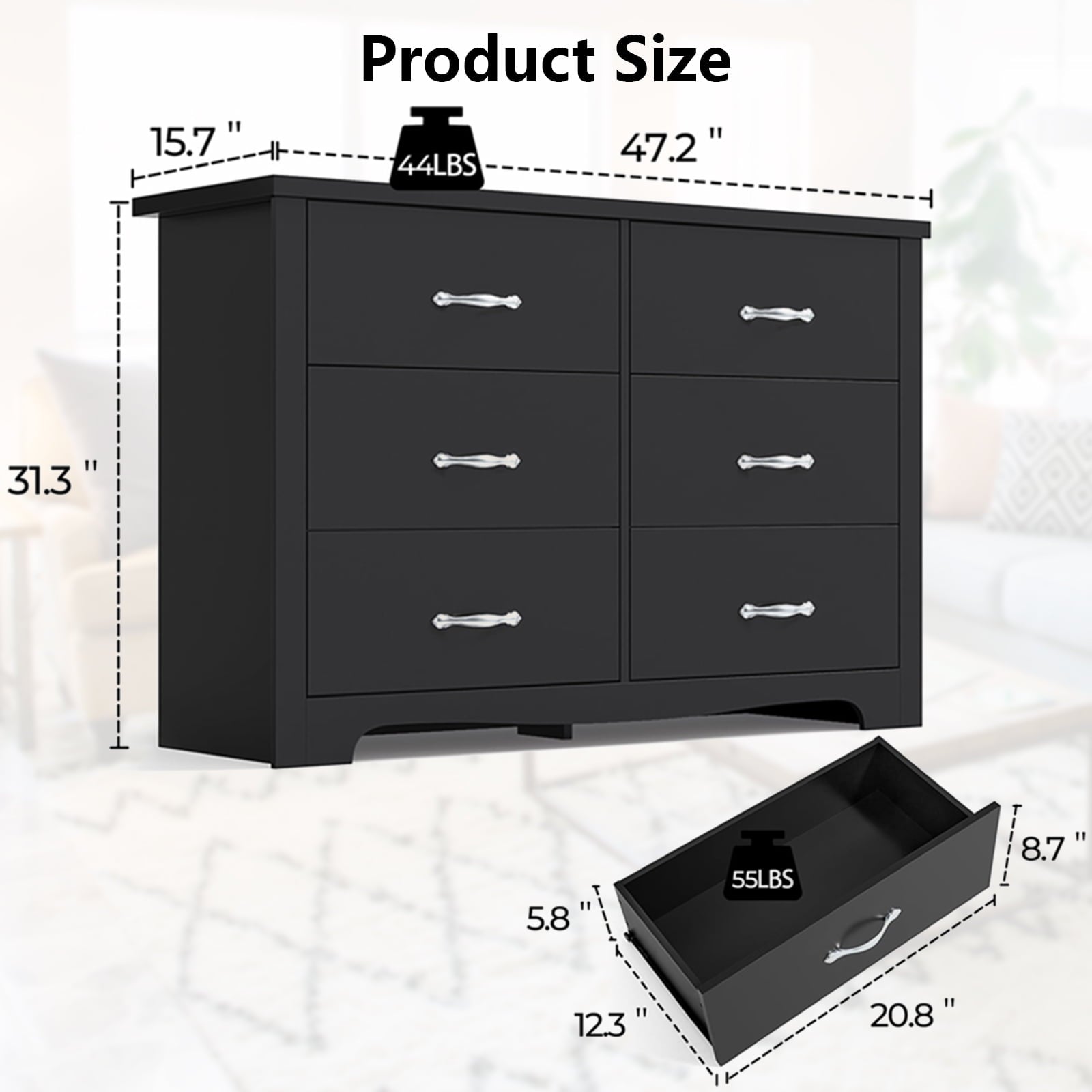 Furnibear Dresser with 6 Drawers Large Wooden Dresser Horizontal Storage Organizer for Bedroom