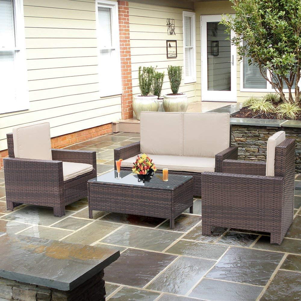 Furnibear 4 Pieces Outdoor Patio Furniture Sets Rattan Chair Wicker Conversation Sofa Set, Outdoor Indoor Backyard Porch Garden Poolside Balcony Use Furniture, Beige