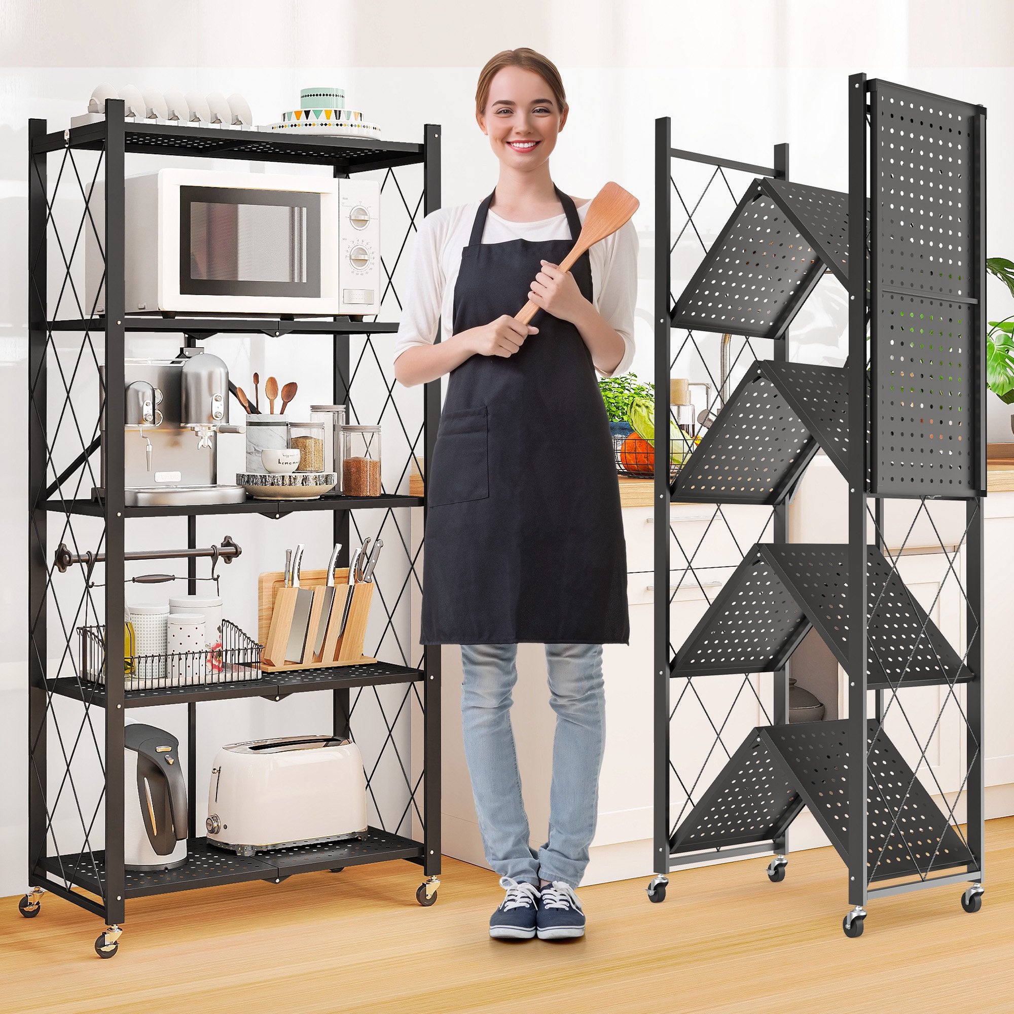 Furnibear 5-Tier Folding Storage Shelves with Wheels, Foldable Metal Rack, Collapsible Shelves for Garage, Kitchen, Basement, Black